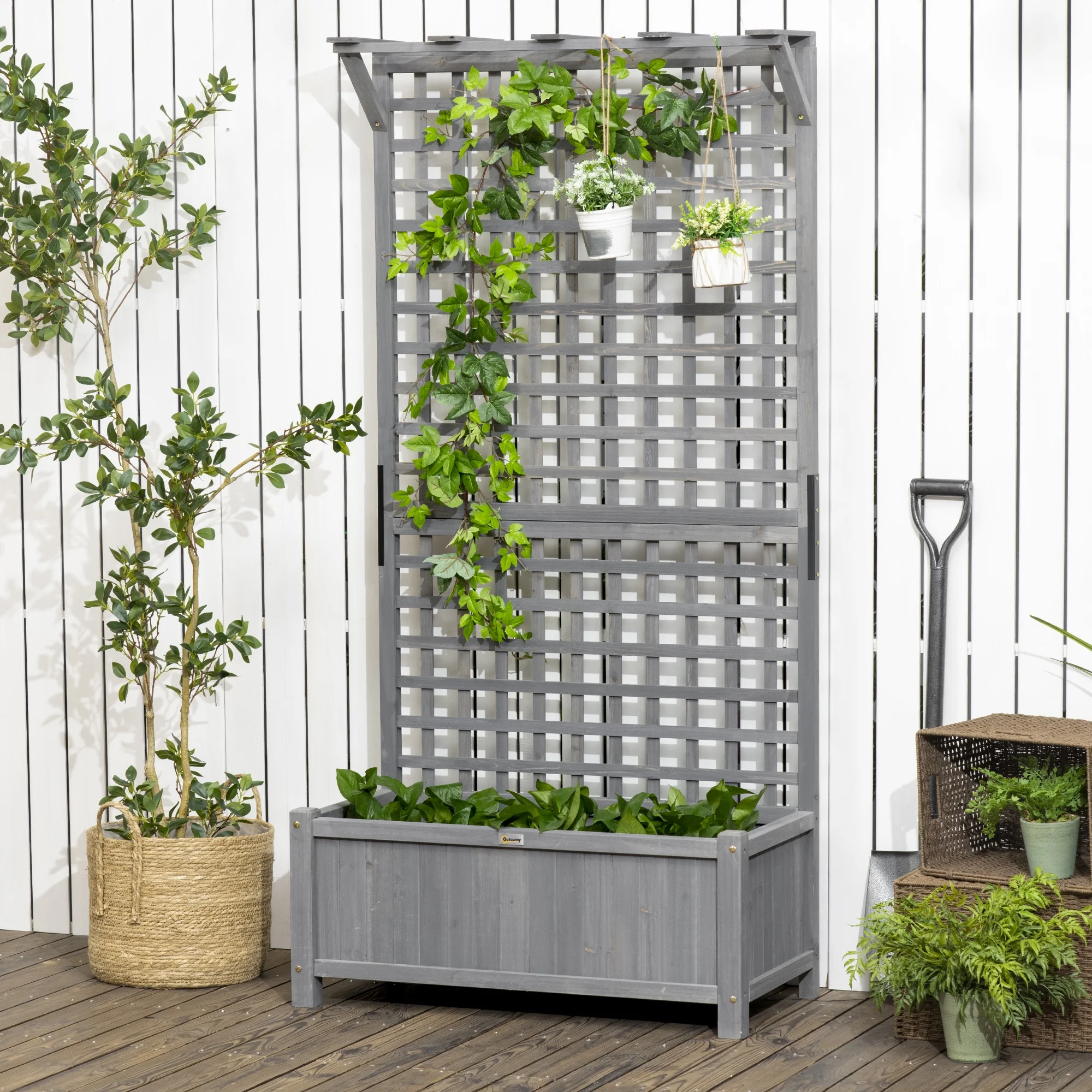 Outsunny Wood Raised Garden Bed Planter with Trellis & Roof, Gray