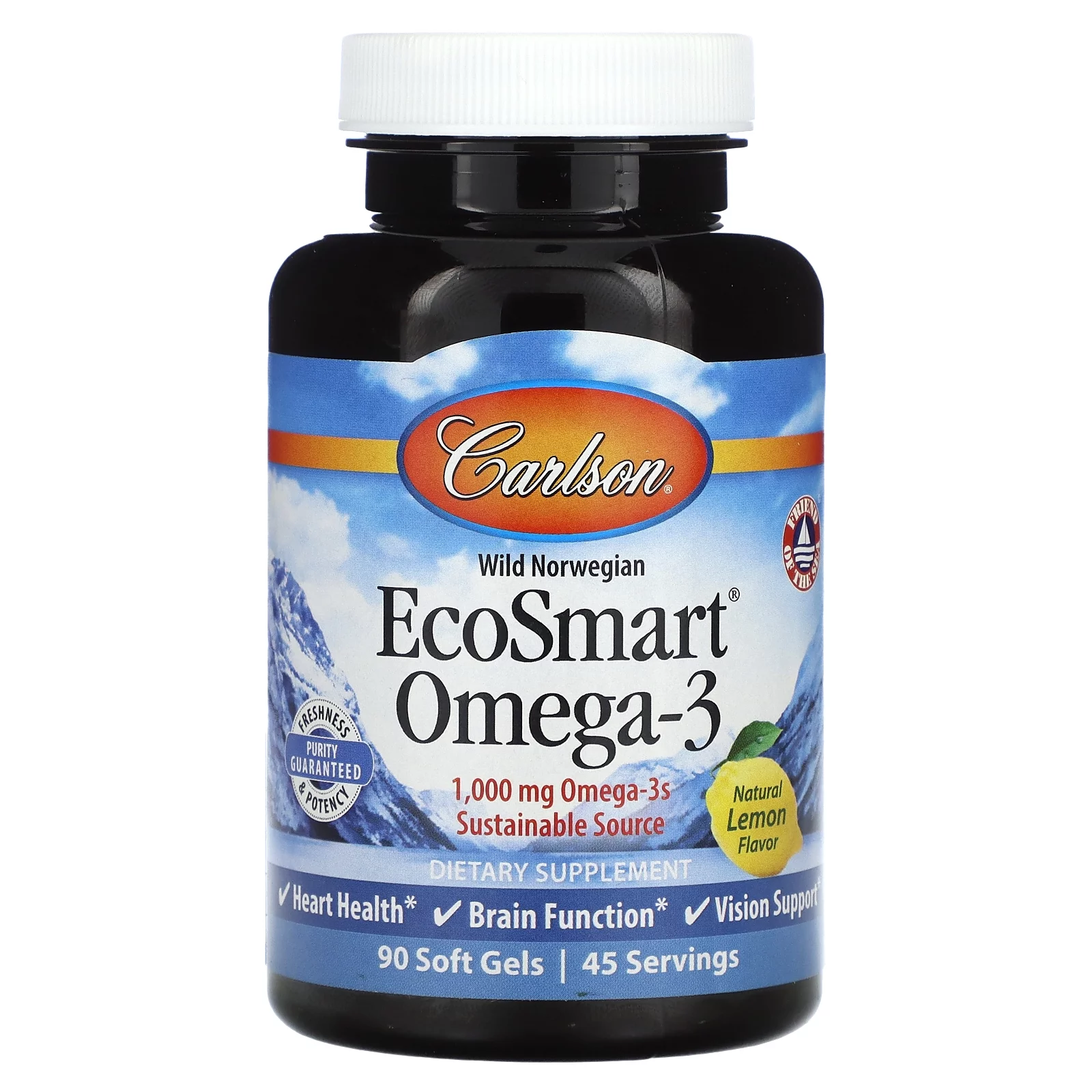 Carlson Wild Norwegian EcoSmart Omega-3, Natural Lemon, 1,000 mg, 90 Soft Gels (500 mg per Soft Gel)