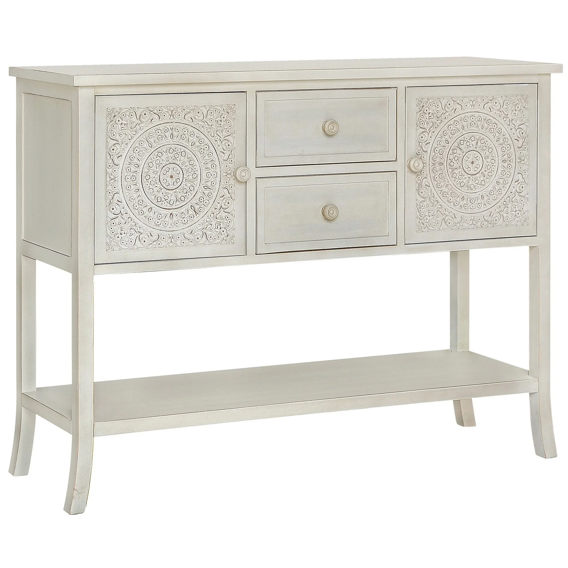 Gallerie Decor Antiqued Carved Transitional Wood Console Table in White