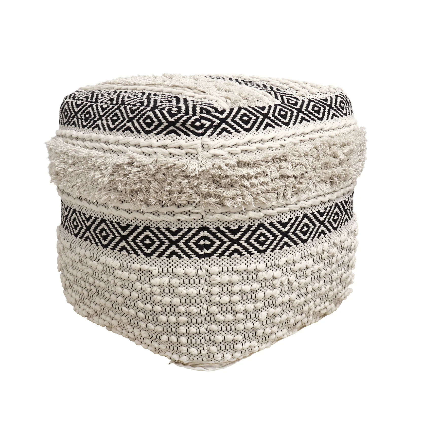 Pasargad Home PPF-623 Pasargad Home Grandcanyon Cubic Design Cotton Pouf, Ivory/Black