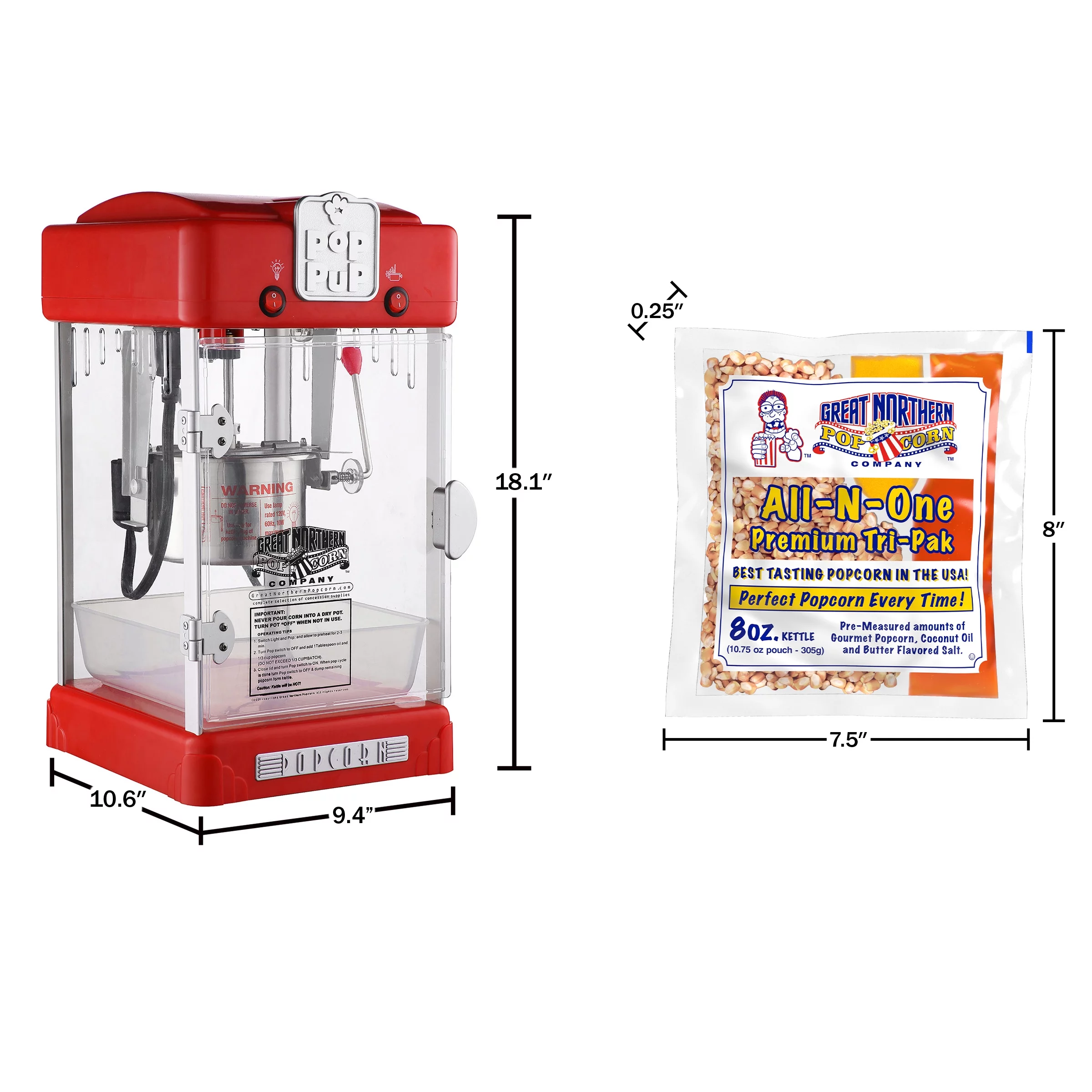 Pop Pup Popcorn Machine – 2.5 Oz Kettle with 12 Pack of Pre-Measured Popcorn Kernel Packets, Scoop, and Serving Cups by Great Northern Popcorn (Red)