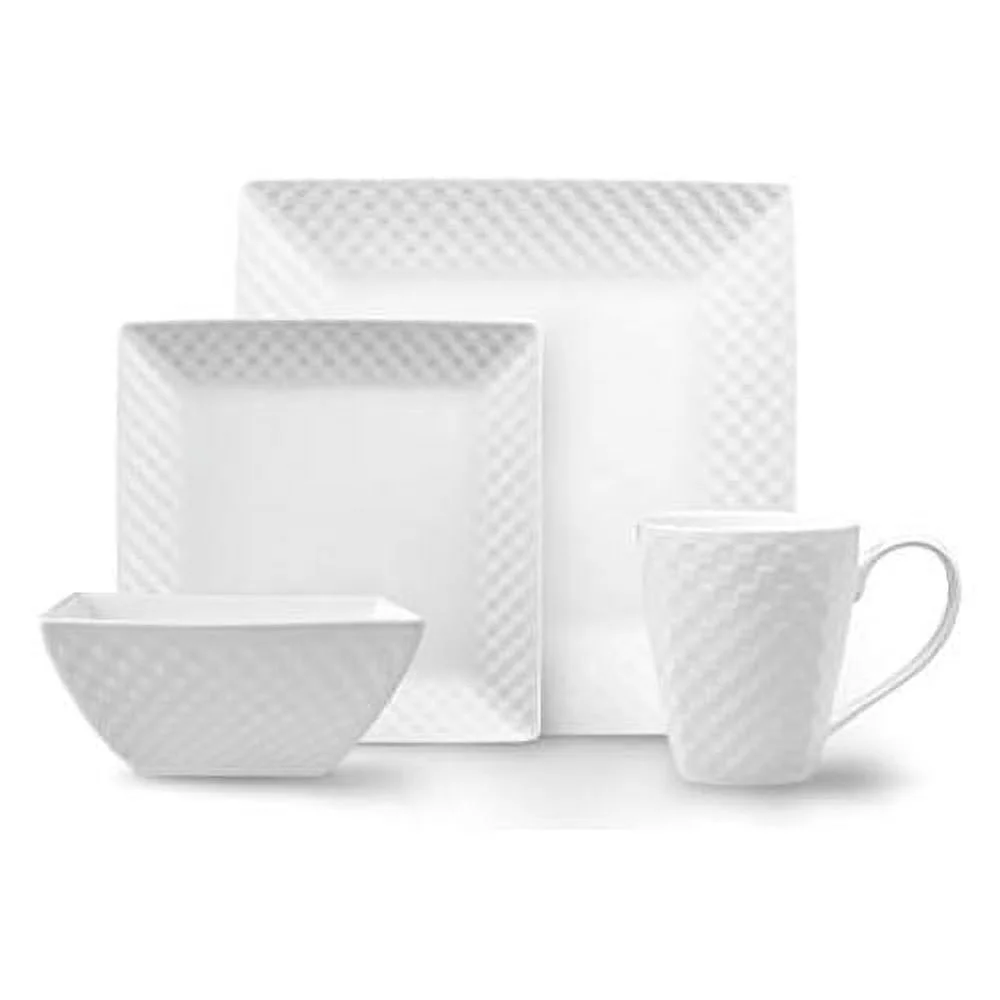 32 Pc. Square Basketweave Porcelain Dishes Set – White Dinner Plates, Bowls, Coffee Cups