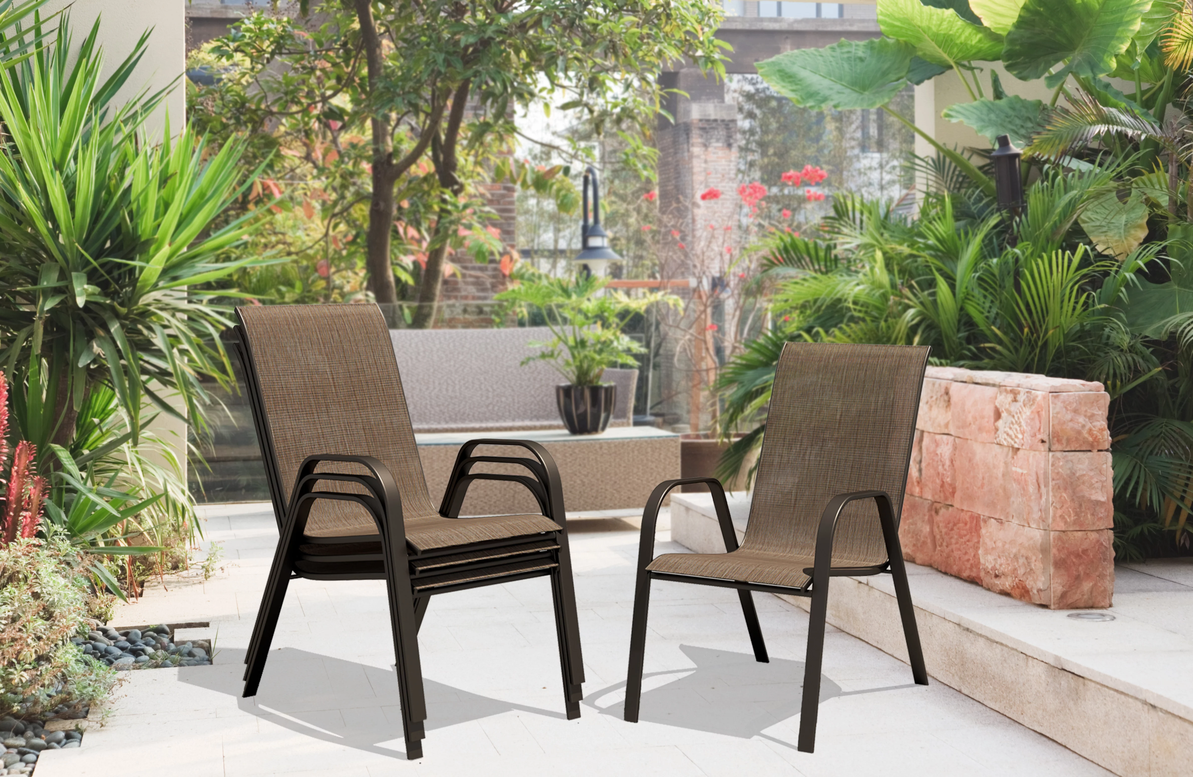 Merakii Stacking Patio Dining Armchairs - Set of 4 - Brown