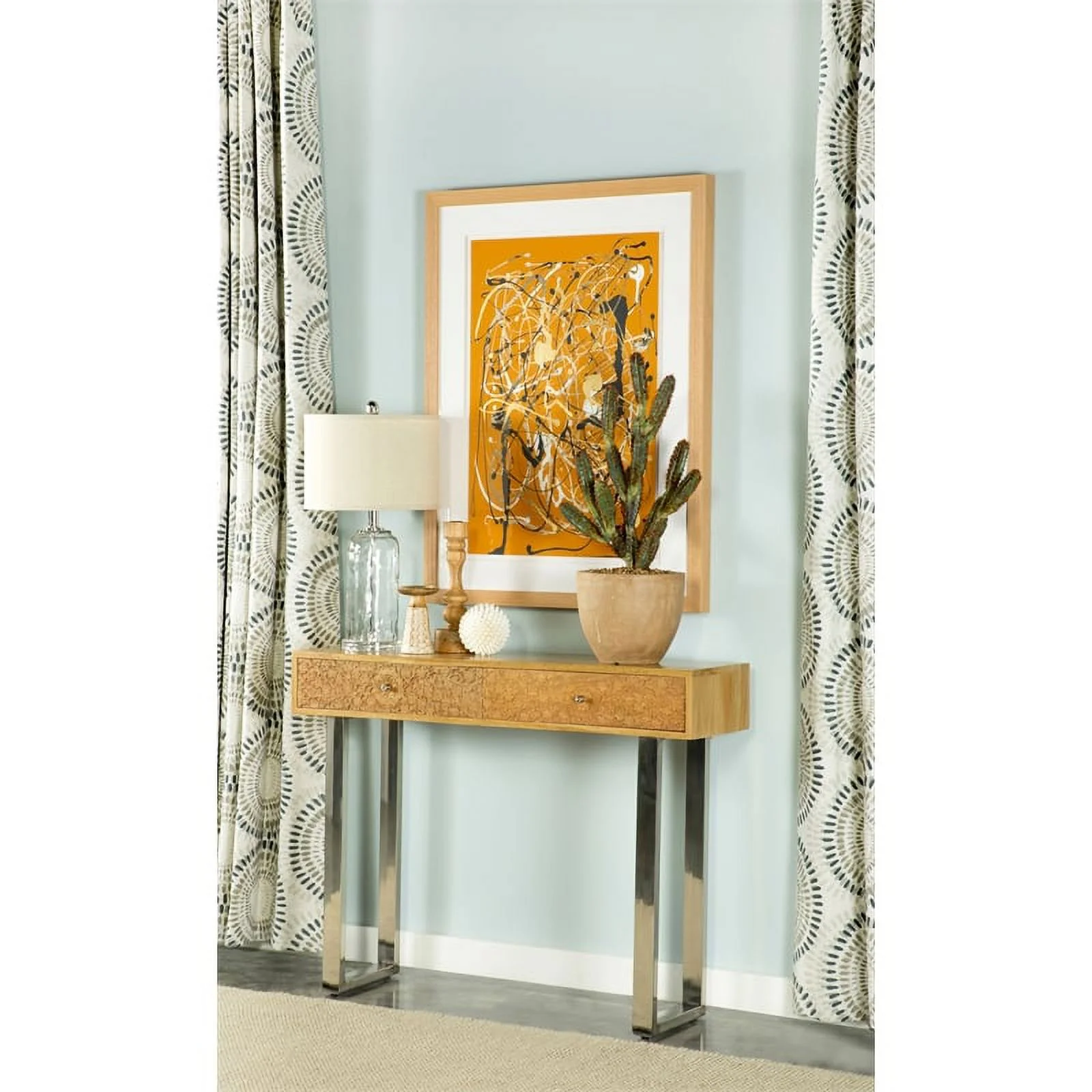 Maklaine Contemporary Wood Console Table with Hand Carved Drawers in Natural