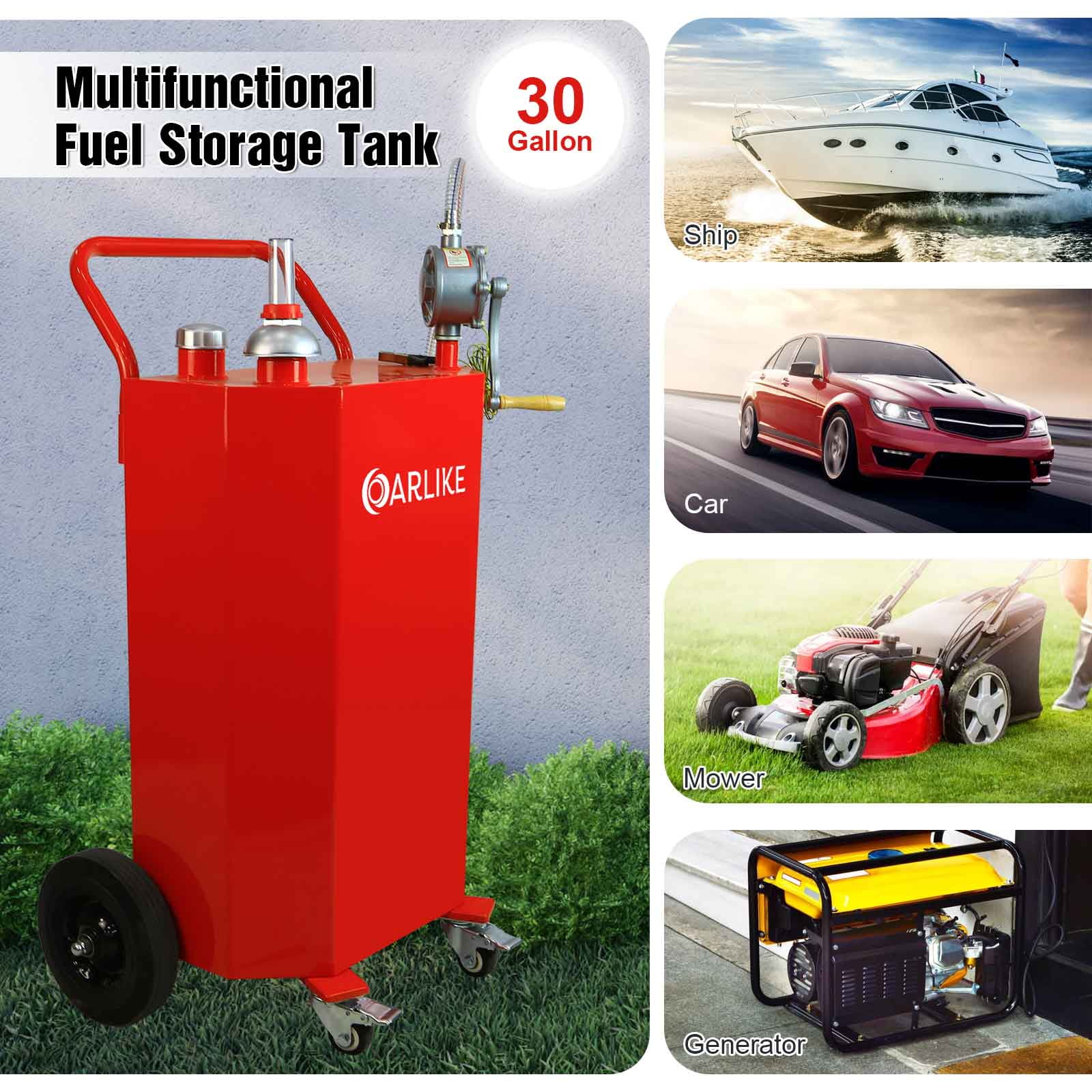 Oarlike 30 Gallon Gas Fuel Transfer Tank Portable Oil Storage Can for Propane Diesel Gasoline Kerosene with Hand Pump Gas Caddy on 4 Wheels for Boat, ATV, Car, Mower and Generators