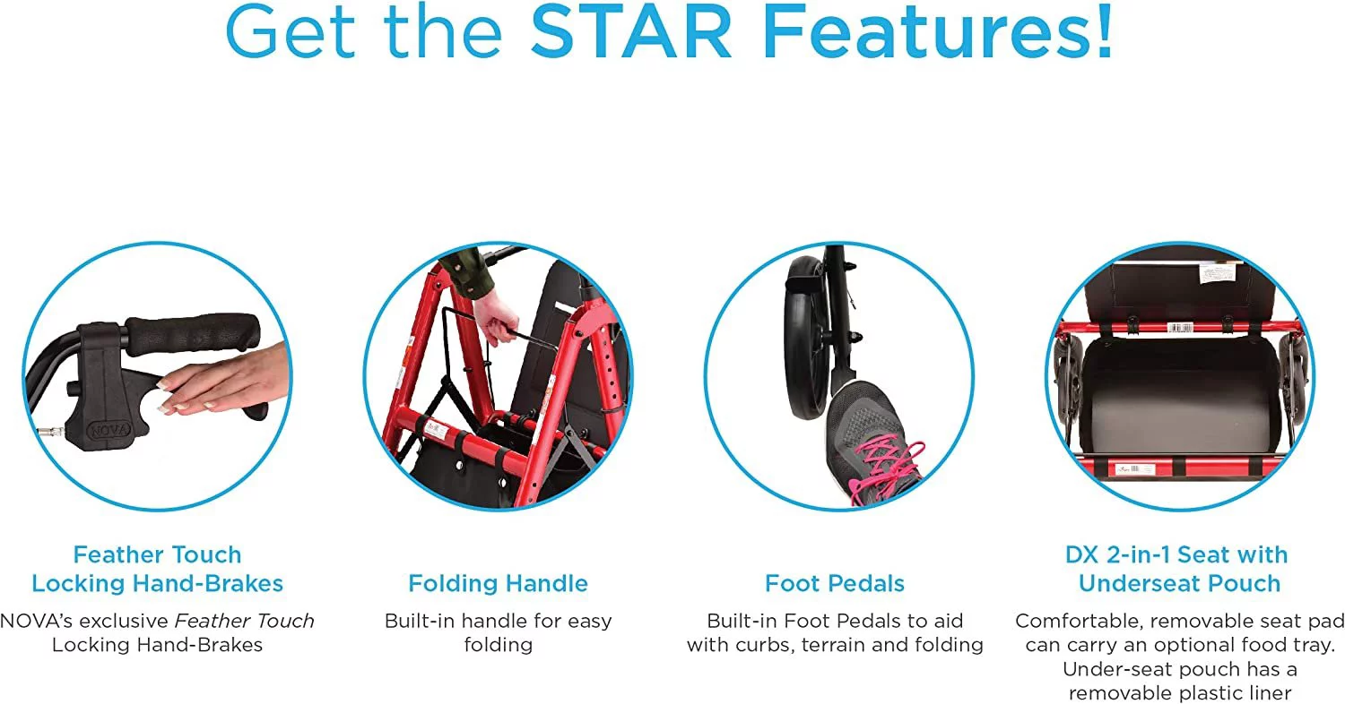 NOVA Medical Products Star DX Rollator Walker with Wide Padded Seat, 8 Wheels, Fold Lock Feature, Rolling Walker with Adjustable Seat Height & 350 lb Weight Capacity, Red