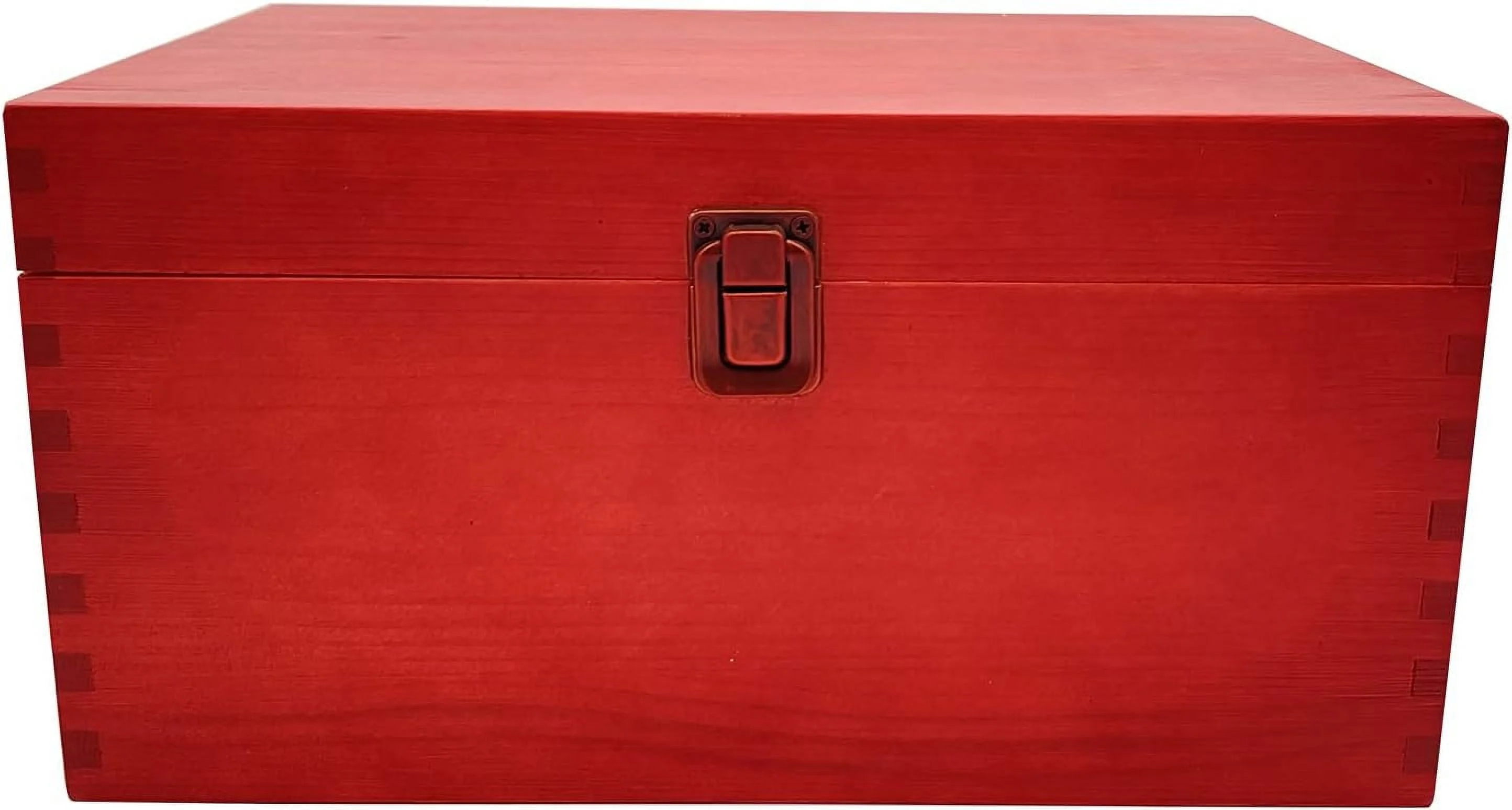RED Large Unfinished Wood Box With Hinged Lid And Front Clasp For Arts, Crafts, Hobbies And Home Storage, 10.62