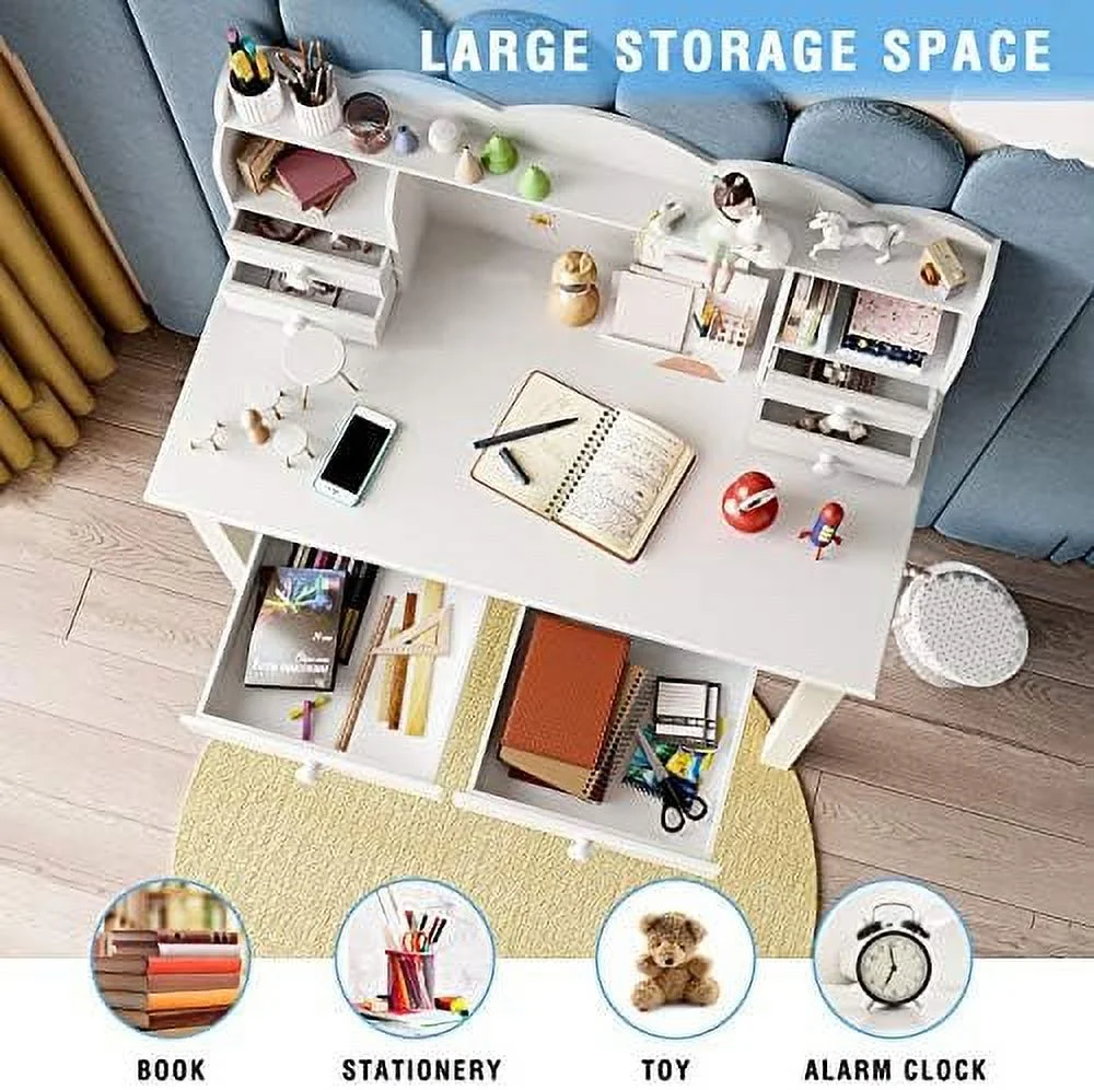 CHTYVC Writing Desk with 7 Drawers  Home Office Desk with Hutch Student Desk Study Table  Small White Desk  Solid Pine Wood Legs