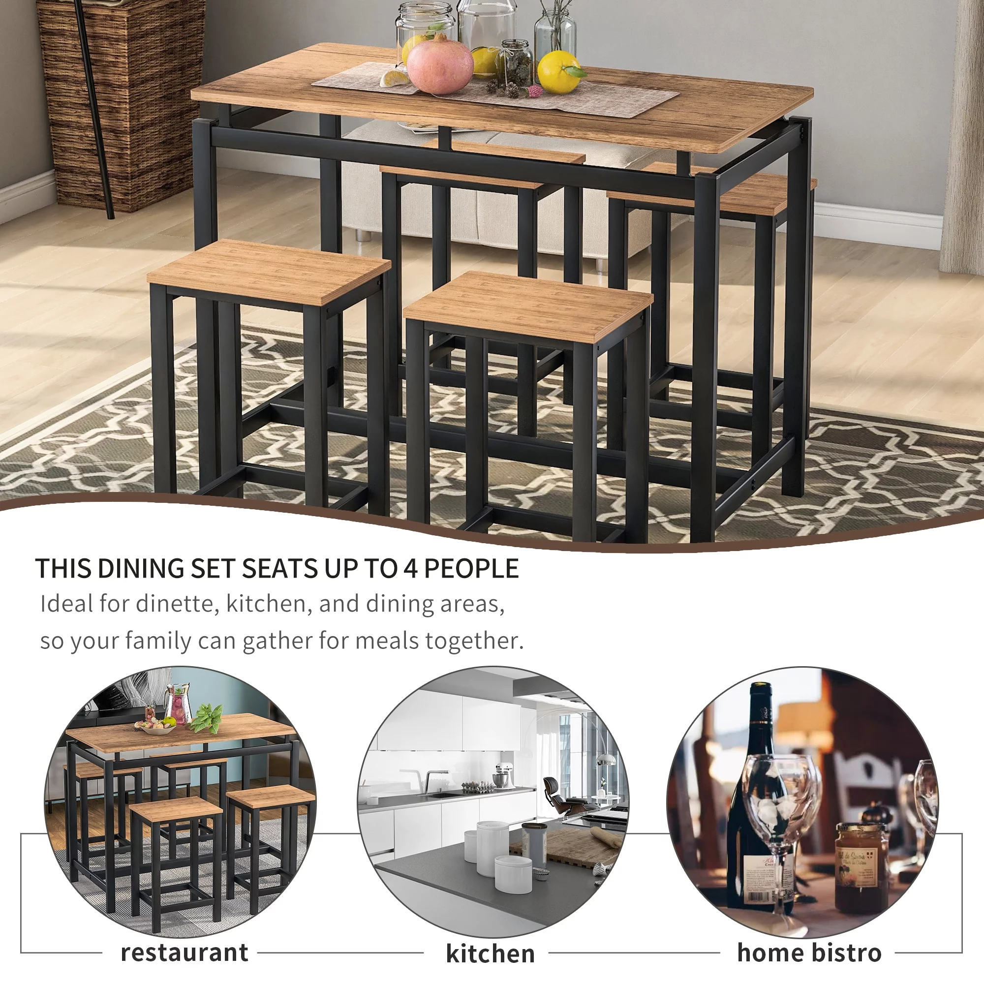 Euroco 5-Piece Dining Set Wood and Metal Pub Table with 4 Bar Stools, Brown