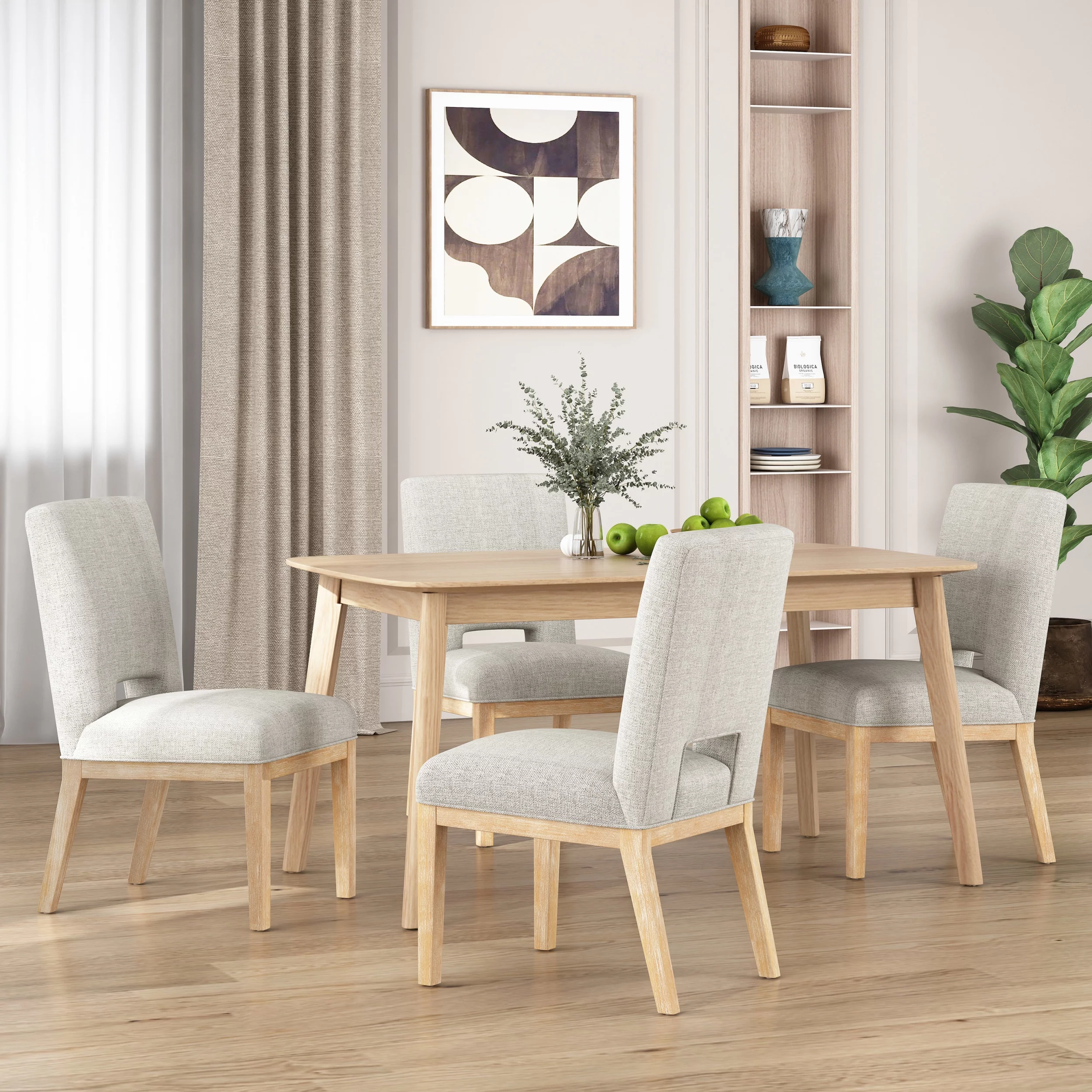 Noble House Bowrun Fabric Upholstered Dining Chairs, Set of 4, Wheat and Weathered Natural