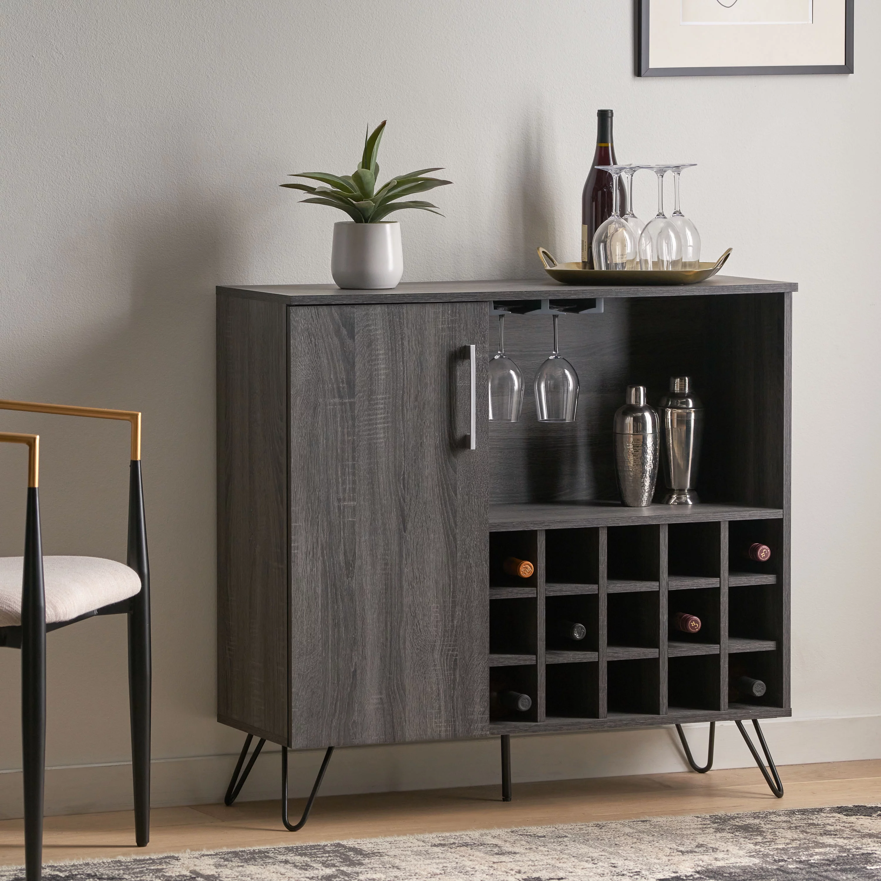 GDF Studio Julani Mid Century Faux Wood Wine & Bar Cabinet, Sonoma Grey Oak