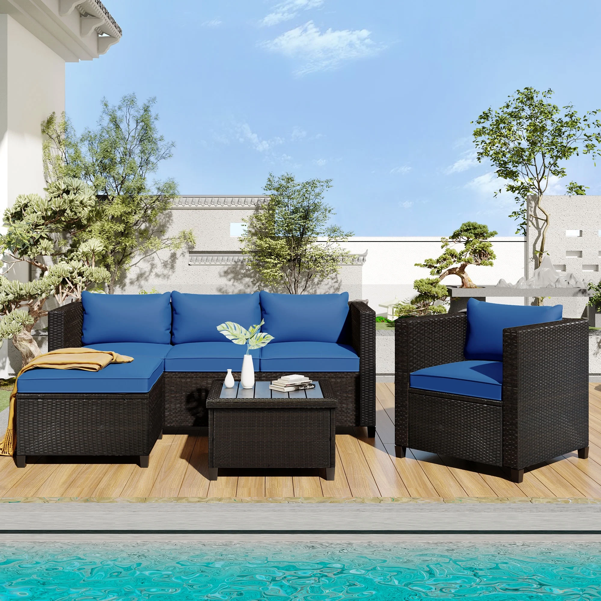 Outdoor Patio Furniture Sets, BTMWAY All-Weather PE Wicker 5 Pieces Patio Conversation Sets, Modern Outdoor Patio Sectional Sofa Sets with 3 Seat Sofa, Coffee Table, Ottoman, Blue Cushion