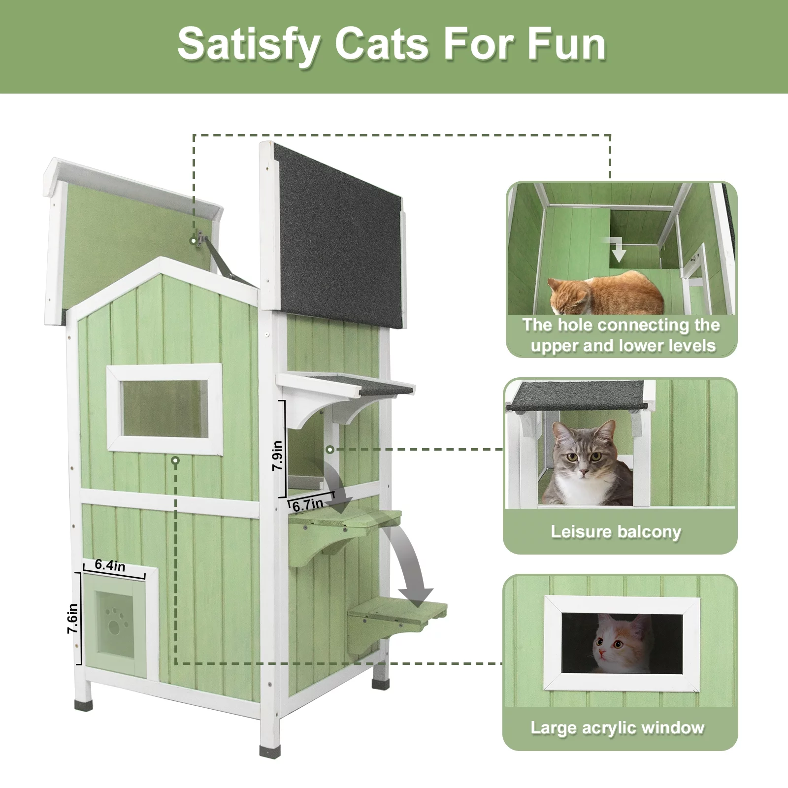 PetsCosset 37.8'' Cat House Outdoor with View Door, Wood Feral Cat Shelter for Small Animals,Cat houses for Outdoor Cats for Winter,Green