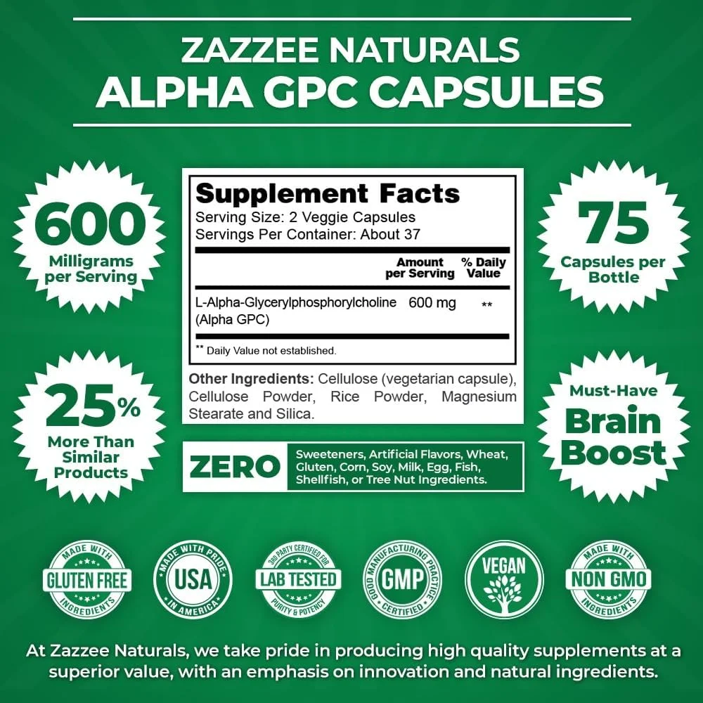 Zazzee Alpha GPC Choline 300 mg per Capsule, 75 Vegan Capsules, 100% Pure, Standardized for Potency and Purity, Support for Overall Brain Function, Memory, Focus and Concentration, Made in The USA