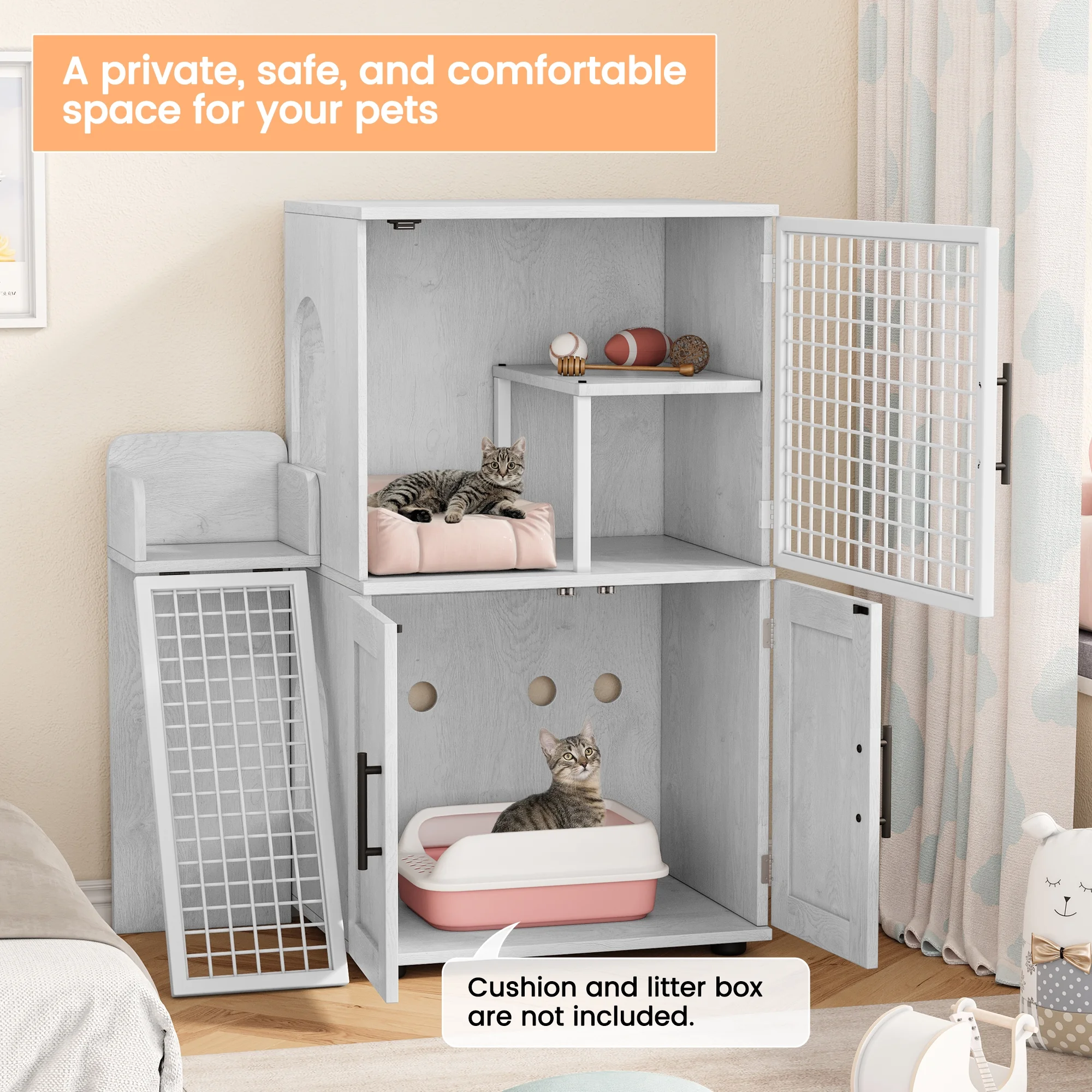 Towallmark 2 In 1 Hidden Litter Box Enclosure Furniture, 2 Storage Racks And 2 Drawers, Litter Box With Platform, Ladder, Indoor Cat Washroom, Rustic White