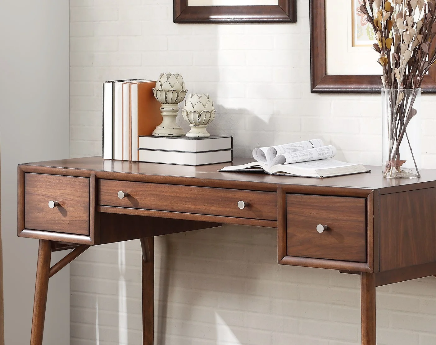 Stylish Modern Brown Finish Counter Height Writing Desk with Walnut Veneer  Storage Drawers and Nickel Knob Hardware for Contemporary Home Office Furniture