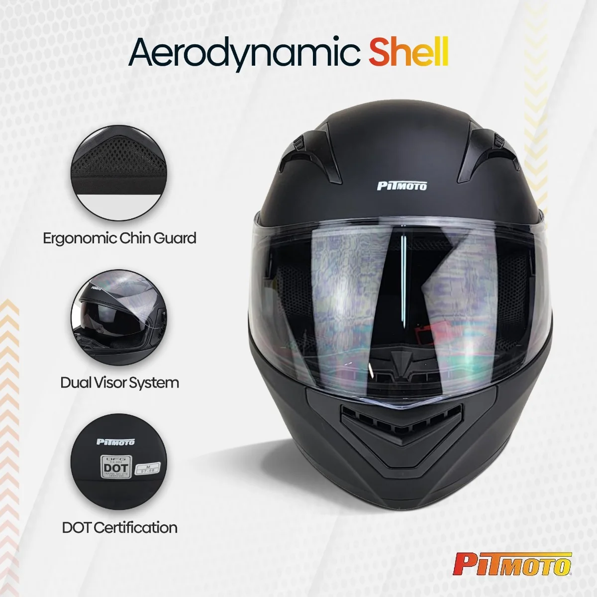 PITMOTO PM-888, Full Face Dual Visor DOT Approved Motorcycle Helmet-Matte Black -Medium