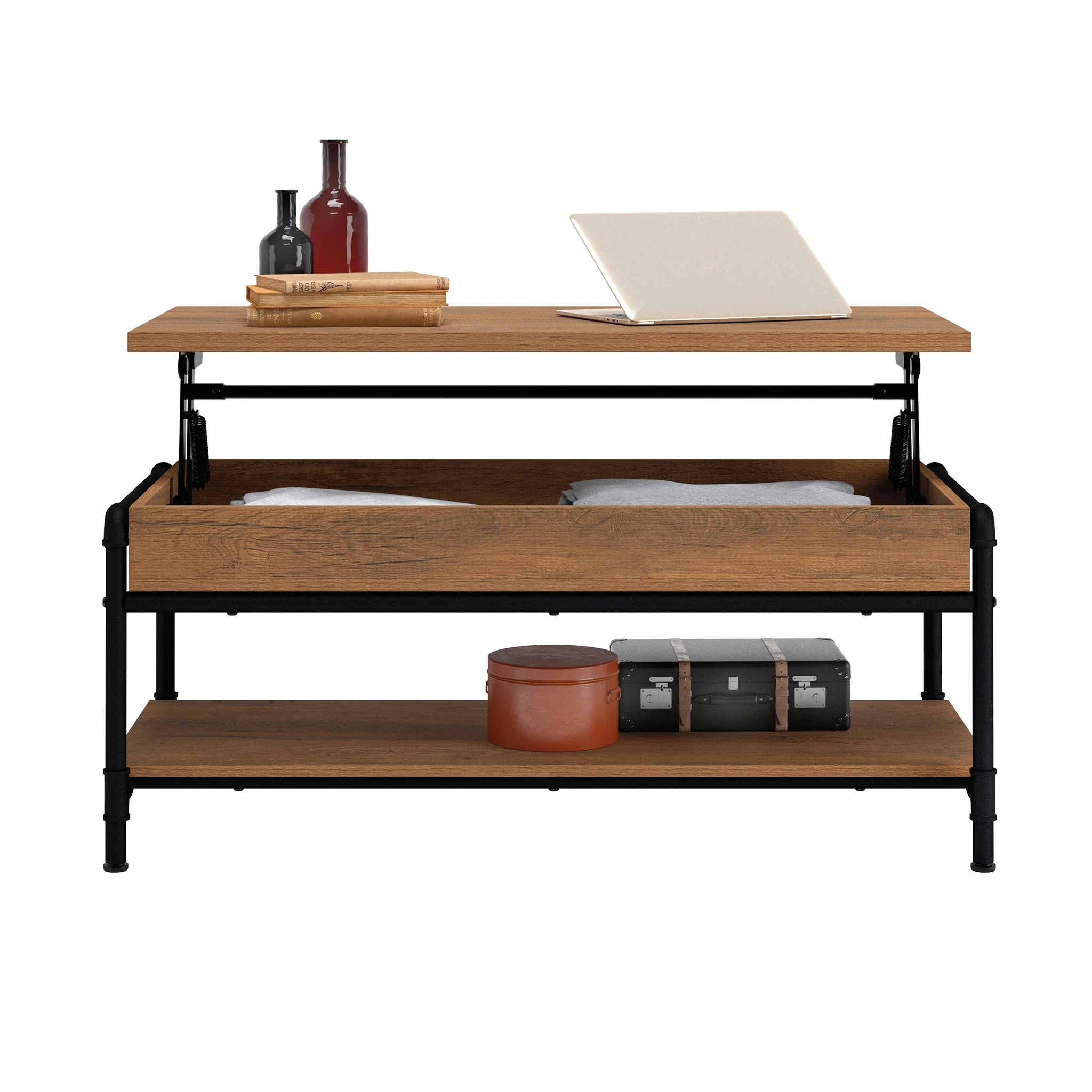 Sauder Iron City Industrial Pipe Lift-Top Coffee Table, Checked Oak Finish