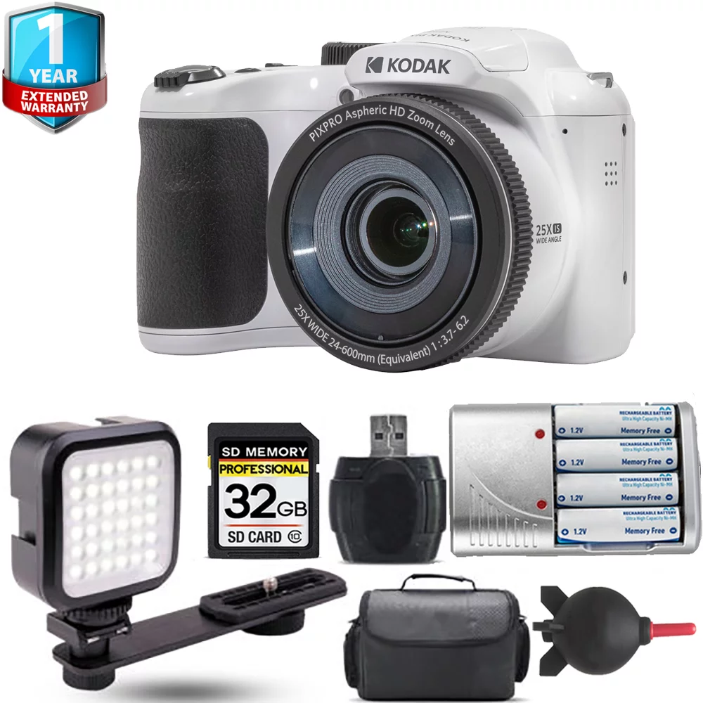 Kodak PIXPRO AZ255 Digital Camera (White) + Extra Battery + LED +1 Yr Warranty