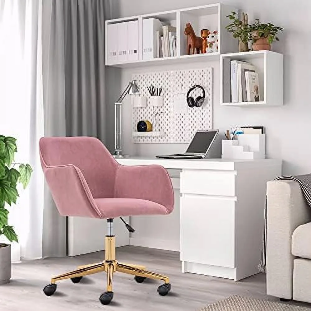 ZWNLKQG Velvet Desk Chair Home Office Chair  Furry  Desk Chair for Girls Women  Modern Vanity Chair Fluffy Pink Desk Chair with Rolling Wheels  Swivel Desk Chair for Bedroom Dorm Living R