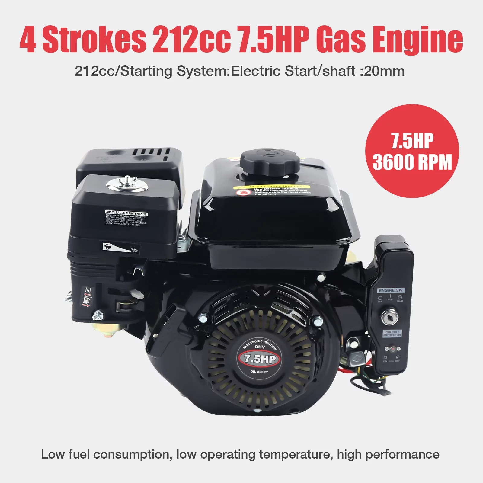 TOOL1SHOoo 4 Strokes 212cc 7.5HP Gas Engine W/Electric Start Upgrade