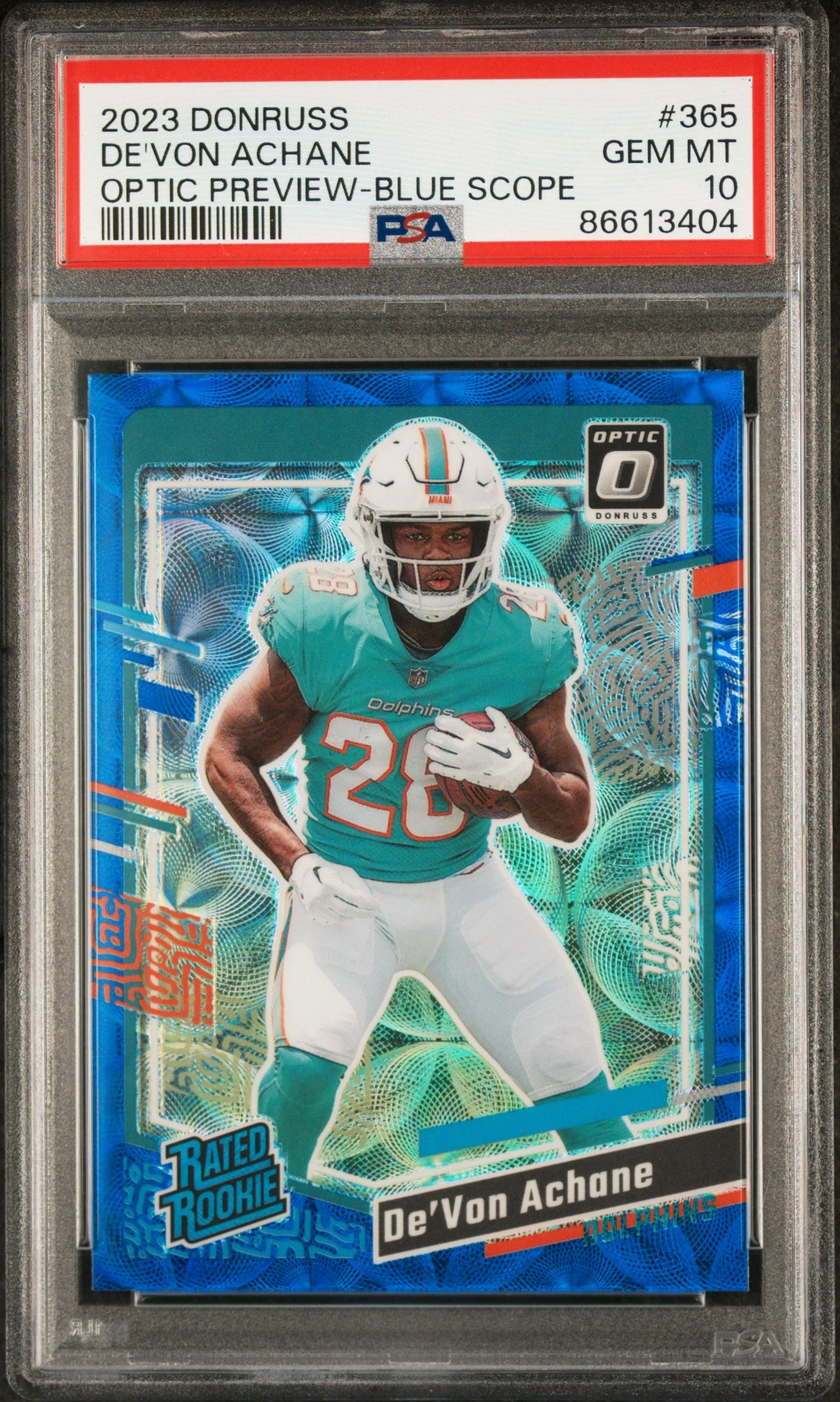 Graded 2023 Panini Donruss Devon Achane #365 Optic Preview Blue Scope Rookie RC Football Card PSA 10 Gem Mint