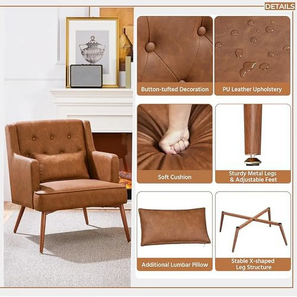 MQLIFEBOOM Accent Chair  Living Room Chair Mid Century PU Leather Armchair Lumbar Pillow  Comfy Upholstered Reading Chair Wood Leg Bedroom Brown 2PCS