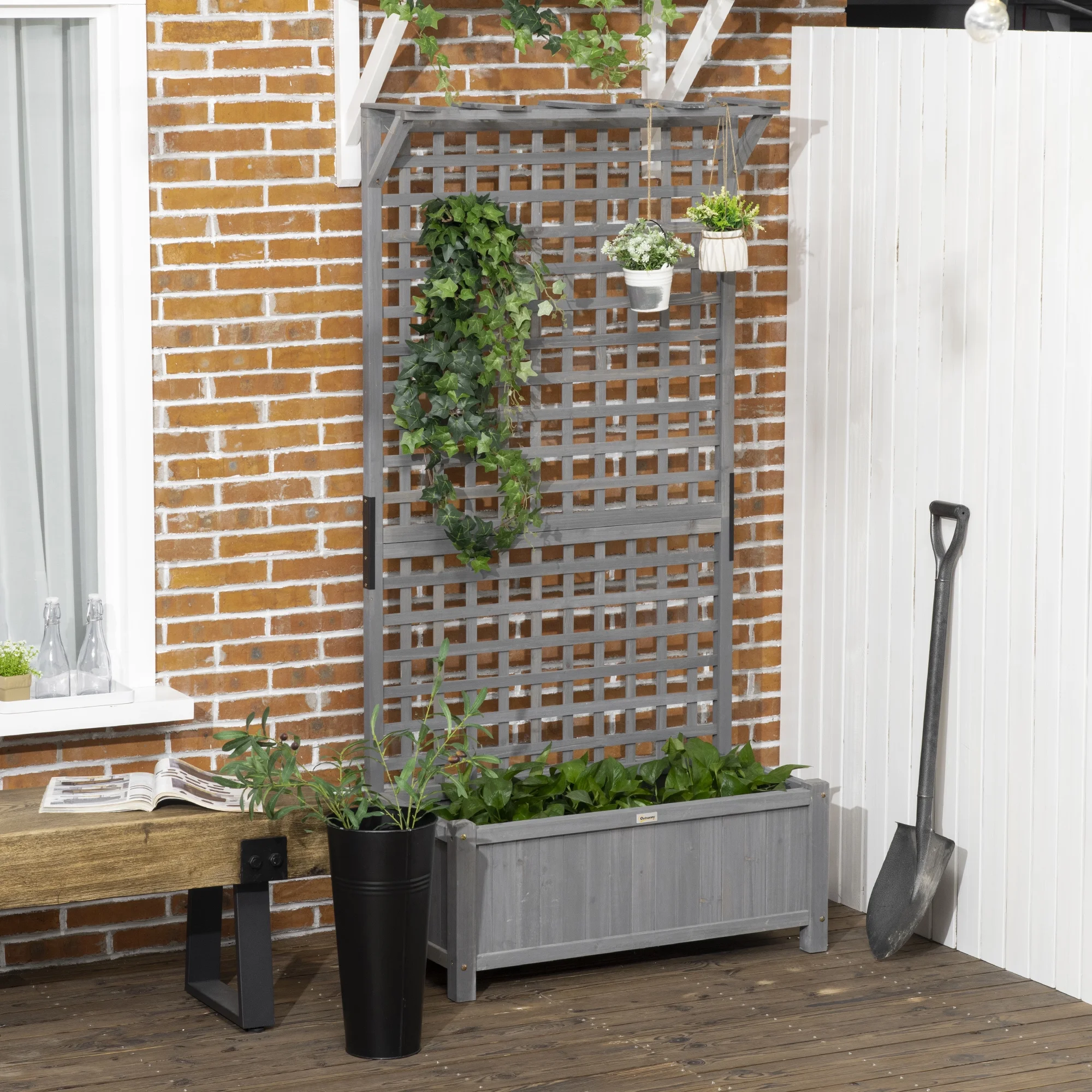 Outsunny Wood Raised Garden Bed Planter with Trellis & Roof, Gray