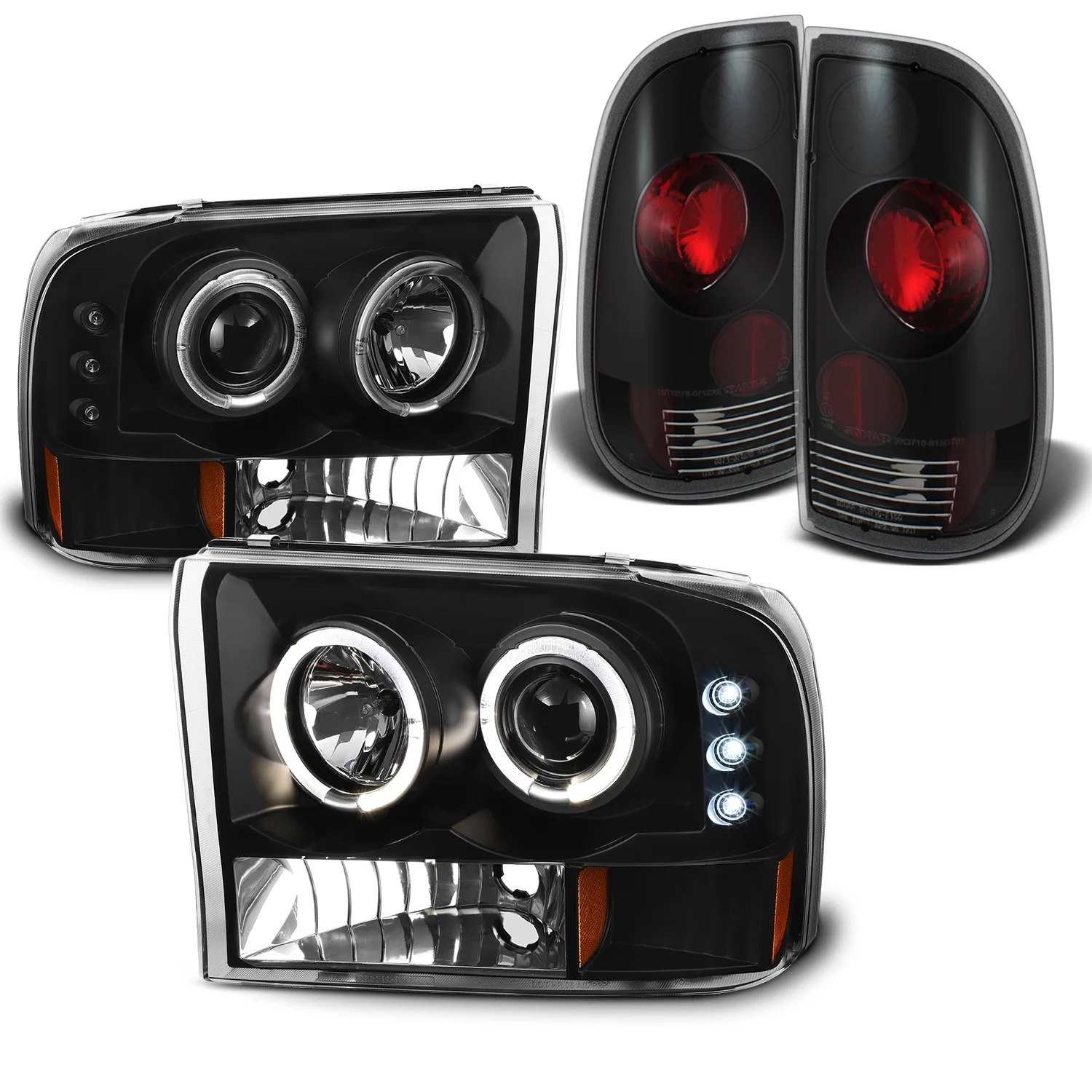AKKON - For Ford F-Series SuperDuty Black Bezel Dual Halo Projector Headlights Replacement + Tail light Set