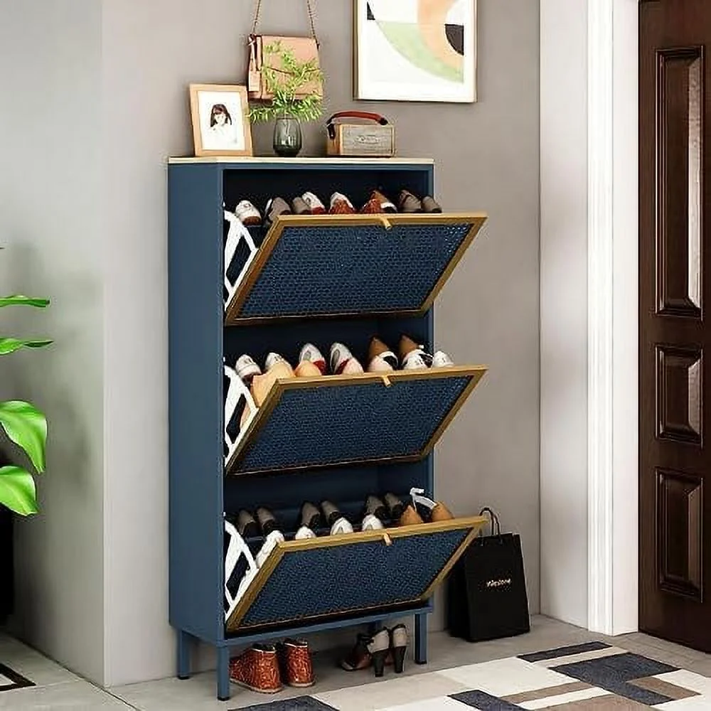 NTTBOBOEC Metal Shoe Cabinet with 3 Flip Drawers  Slim Shoe  Cabinet for Entryway  Narrow 3-Tier Shoe Rack Cabinet  Freestanding Hidden Shoe Organizer Cabinet for Hallway  Living Room (Bl