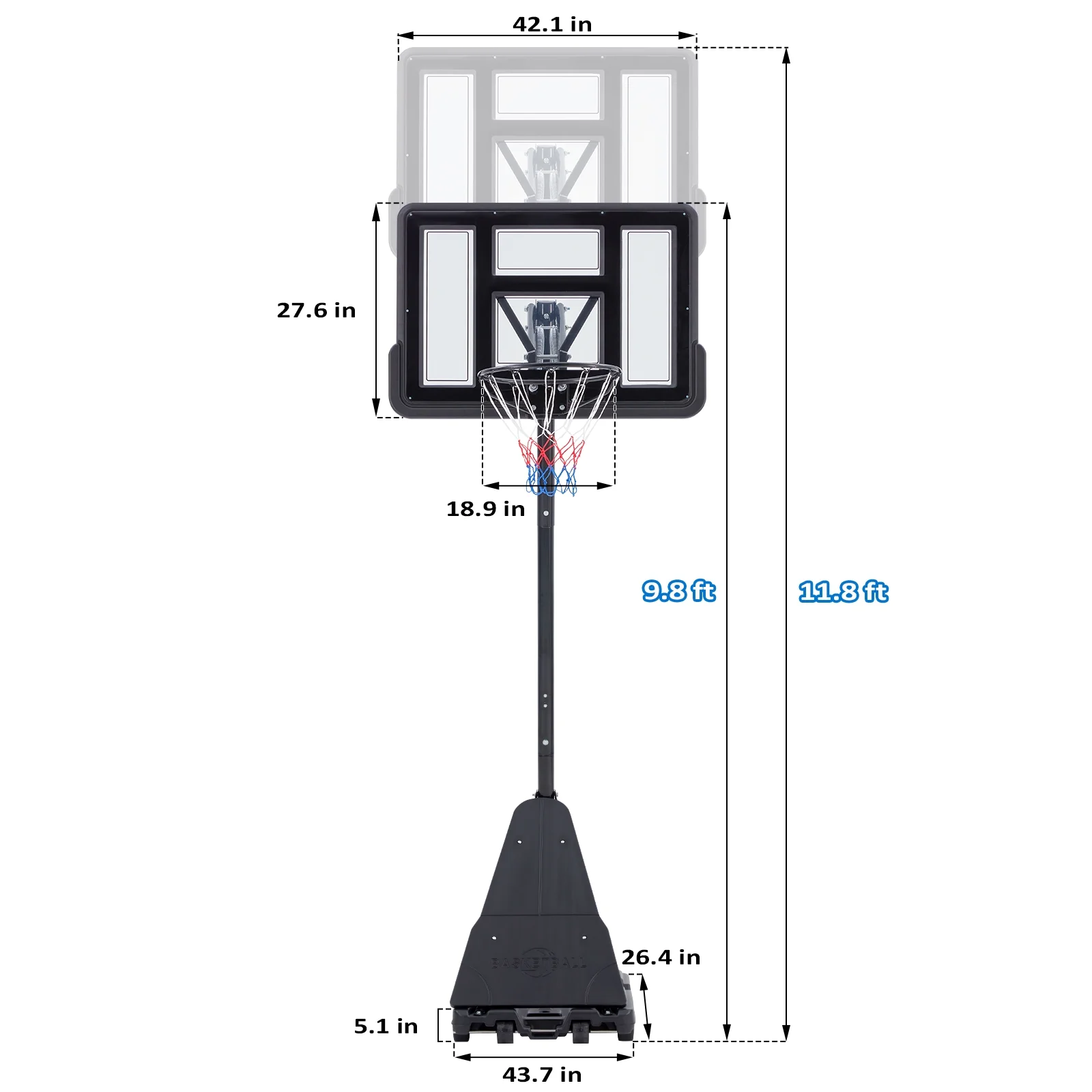Danrelax Outdoor 7.5-10ft Adjustable Portable Basketball Hoop, 44in PVC Backboard, Durable Base, Black