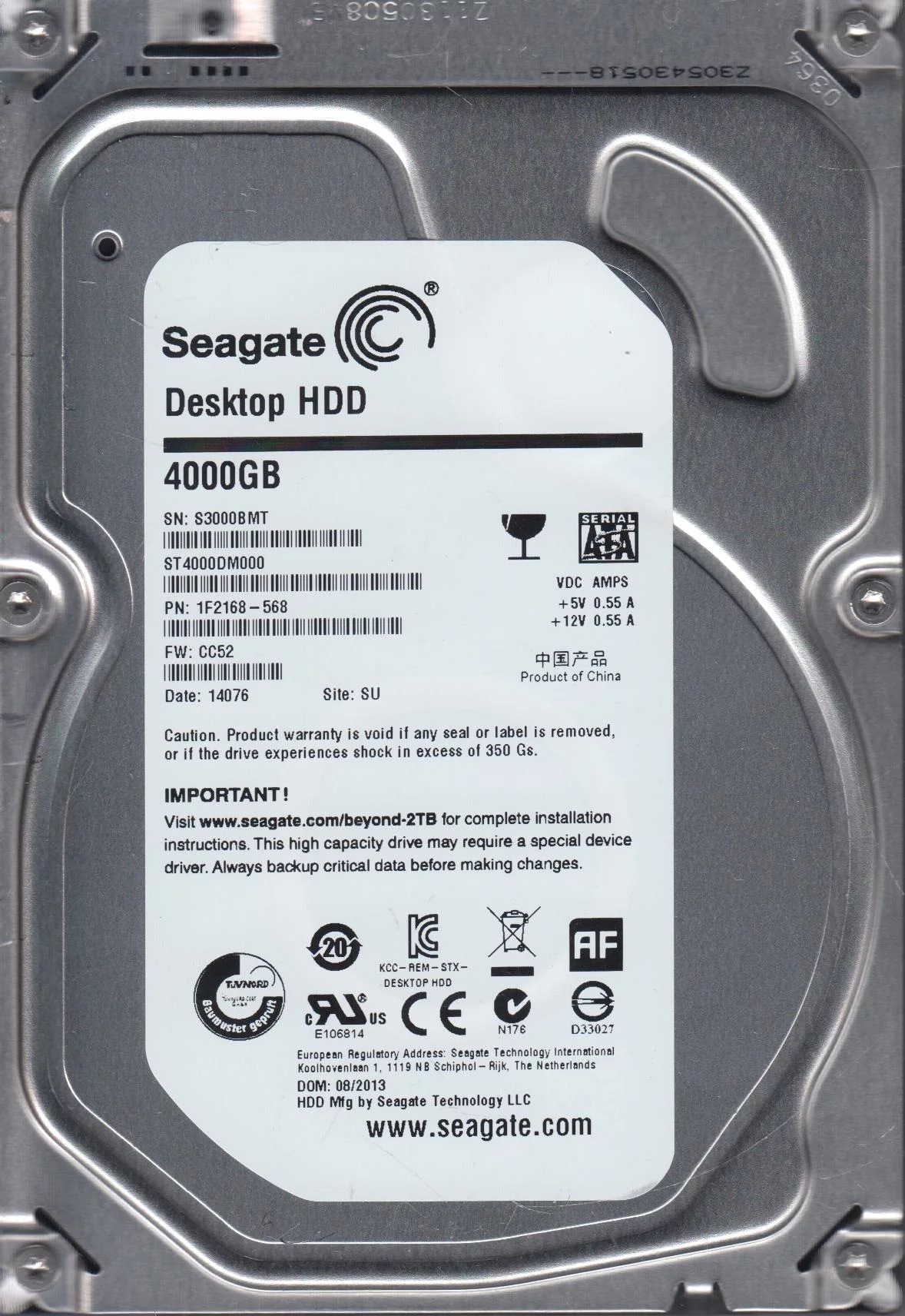 ST4000DM000, S30, SU, PN 1F2168-568, FW CC52, Seagate 4TB SATA 3.5 Hard Drive