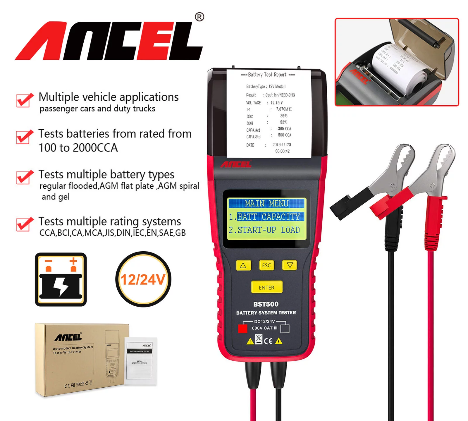 ANCEL BST500 12V&24V Car Battery Charging Tester Analyzer With Printer Heavy Duty Truck Car Battery Test Auto Diagnostic tool