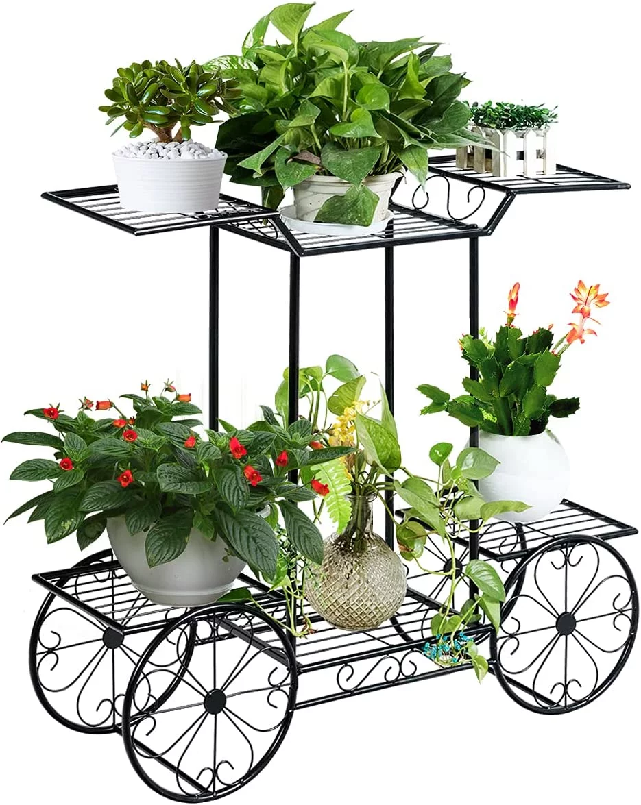 Flower Cart, Metal Plant Stand with 4 Decorative Wheels & 6 Pots, Multi Flower Planter Potted Holder Organizer for Indoor Outdoor Balcony Patio Garden, Black