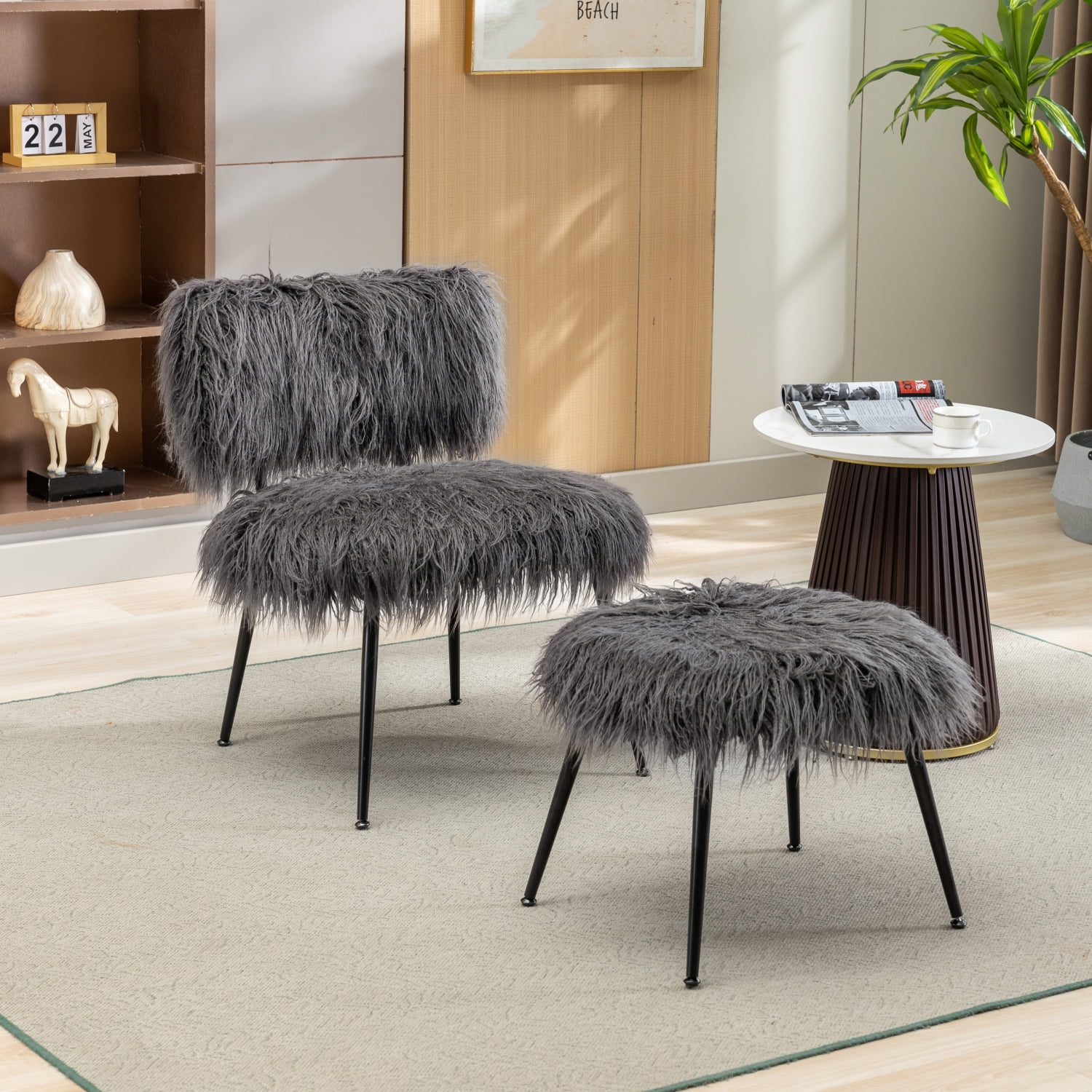 Comfortable and Stylish 25.2‘‘ Wide Gray Faux Fur Plush Accent Chair with Ottoman - Fluffy Upholstered Armless Chair and Stool for Living Room or Bedroom - Mid Century Modern Design - Rel