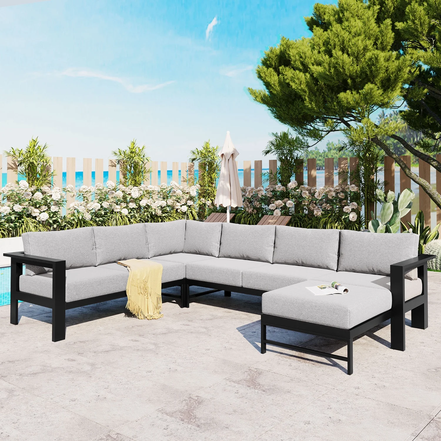 Churanty Outdoor Patio Furniture Set L-Shaped Aluminum Sectional Sofa All-Weather Patio Conversation Set with Cushions for Garden Backyard,Grey