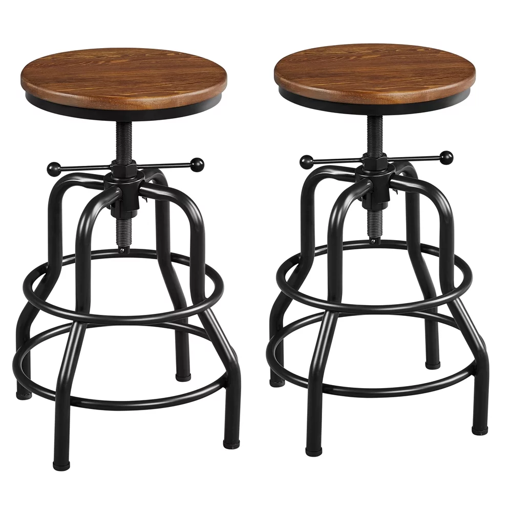 Topeakmart 2pcs Vintage Industrial Swivel Bar Stool with Round Wood Seat, Brown