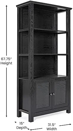 GEROBOOM Omaha 67.75" Modern Farmhouse  Cabinet Bookcase in Black  Glass Doors and Open Shelves
