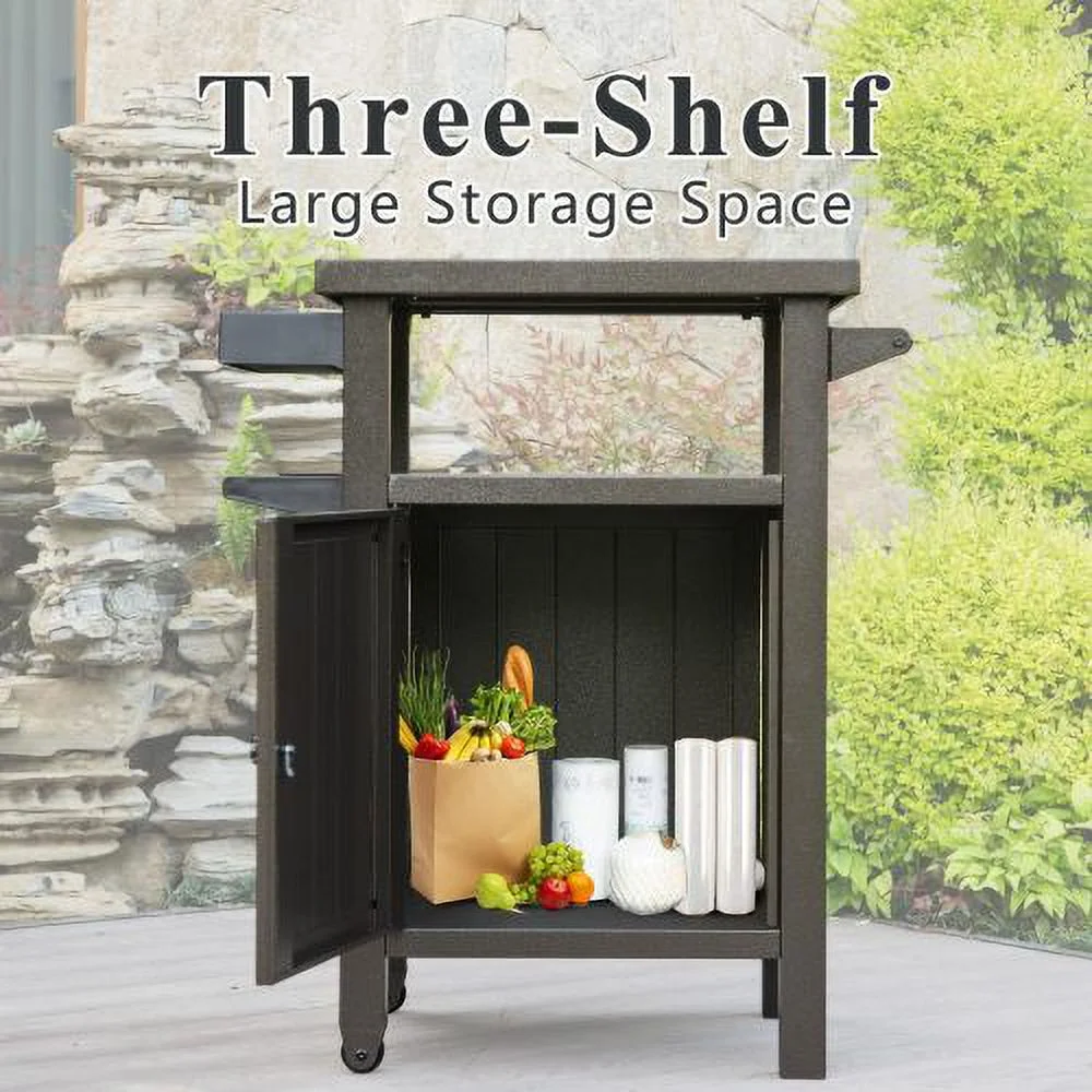 Qulable Grill Carts Outdoor with Storage and Wheels, Whole Metal Portable Table and Storage Cabinet for BBQ, Deck, Patio, Backyard(Brown)