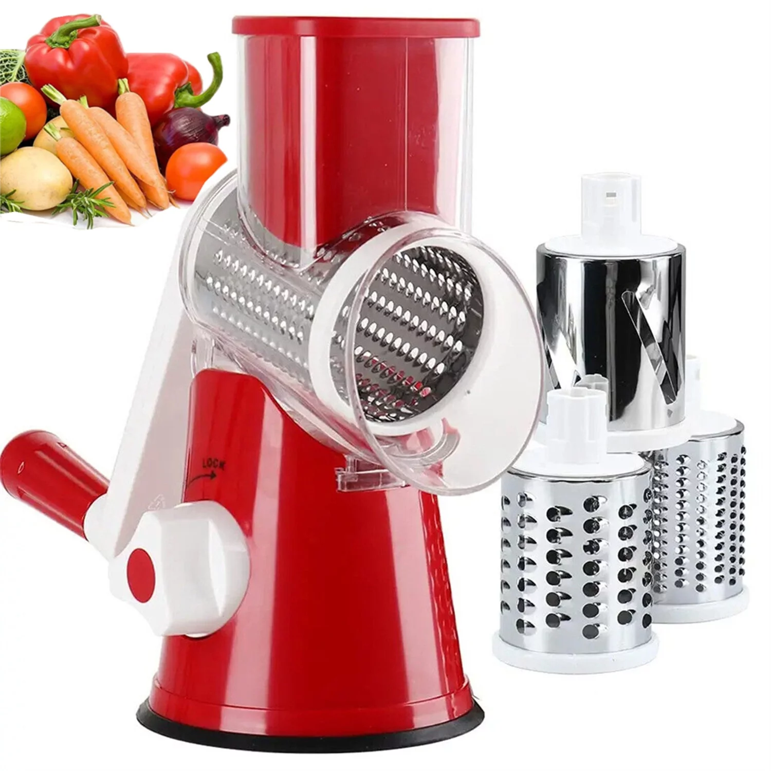 Jahy2Tech Rotary Cheese Grater Shredder, Kitchen Slicer Grinder for Vegetable, Walnut, Nut, Carrot Garlic, Chocolate, Radish with 3 Drum Blades-Red