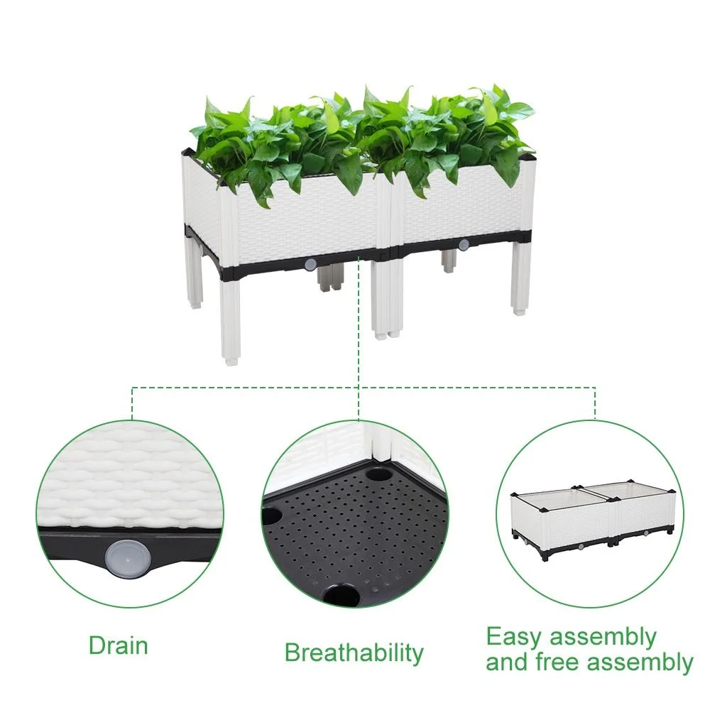 Plastic Raised Garden Bed Kit, Seizeen Planting Box Set of 2, Garden Plant Container Rattan Pattern, with Removable Legs, Drainage Hole, Free Combined DIY Design