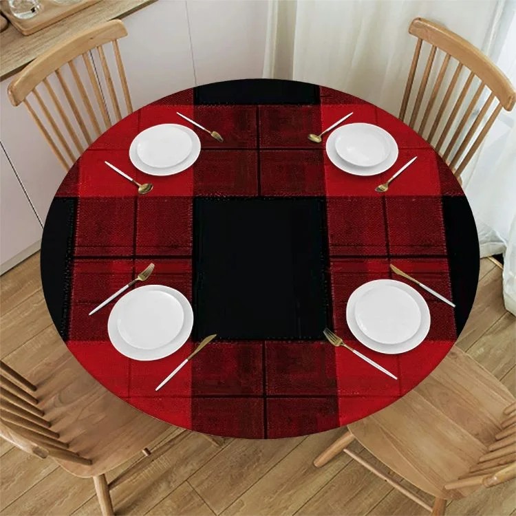 Wllo0ord Christmas Tablecloth Red and Black Round Fitted Tablecloth with Elastic Edge Check Checkered Table Cover Waterproof Oil-Proof Table Cloth Fits Tables White