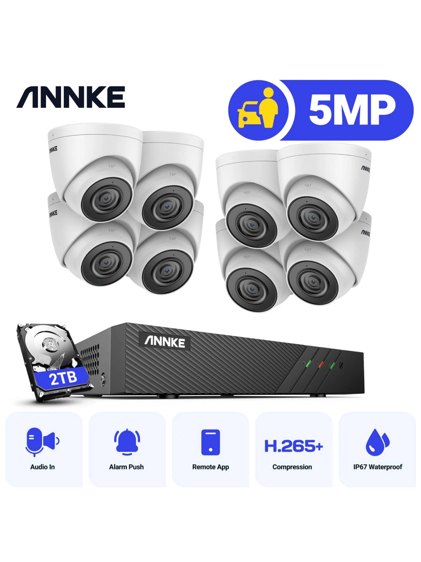 ANNKE 5MP PoE Security Camera System w/ 6MP 8 Channel NVR, 8Pcs 5MP Turret IP Cameras, Support RTSP, 24-7 Hour Audio Recording, 100 FT EXIR 2.0 Night Vision, IP67 Weatherproof, With 2T Hard Drive