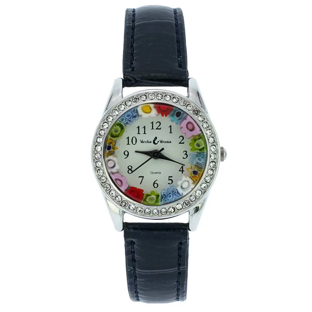 GlassOfVenice Murano Glass Watch Millefiori And Crystals With Leather Band - Black