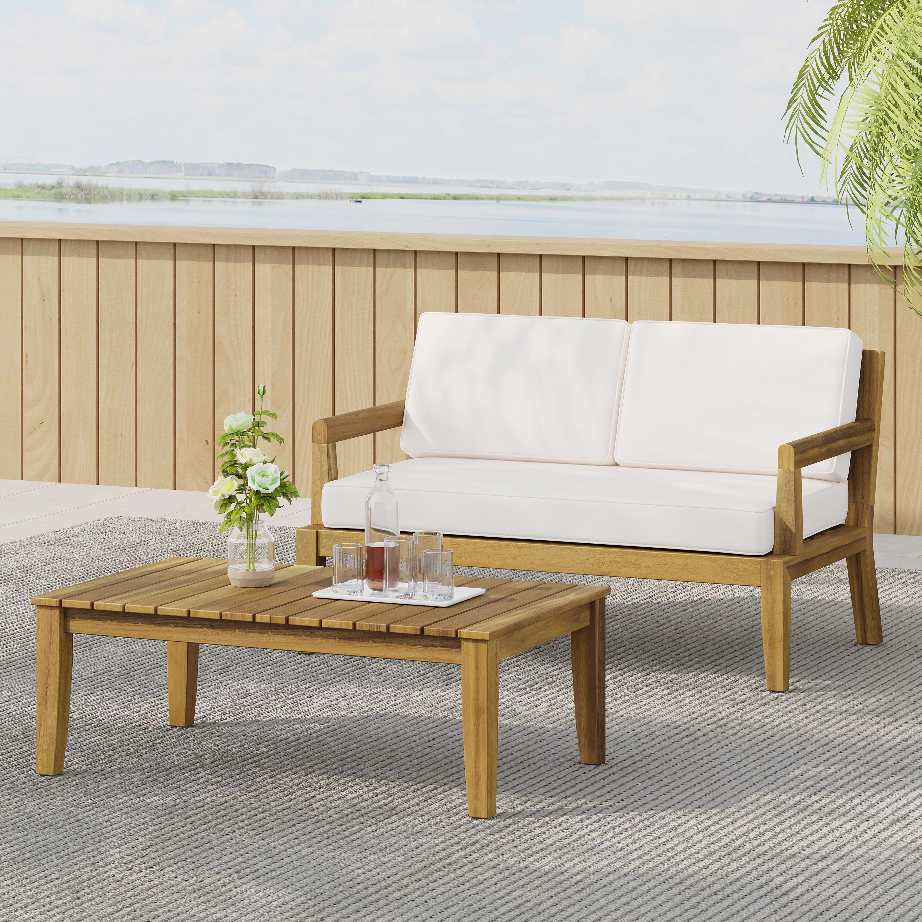 GDF Studio Camak Outdoor Acacia Wood Loveseat and Coffee Table Set, Teak, Beige