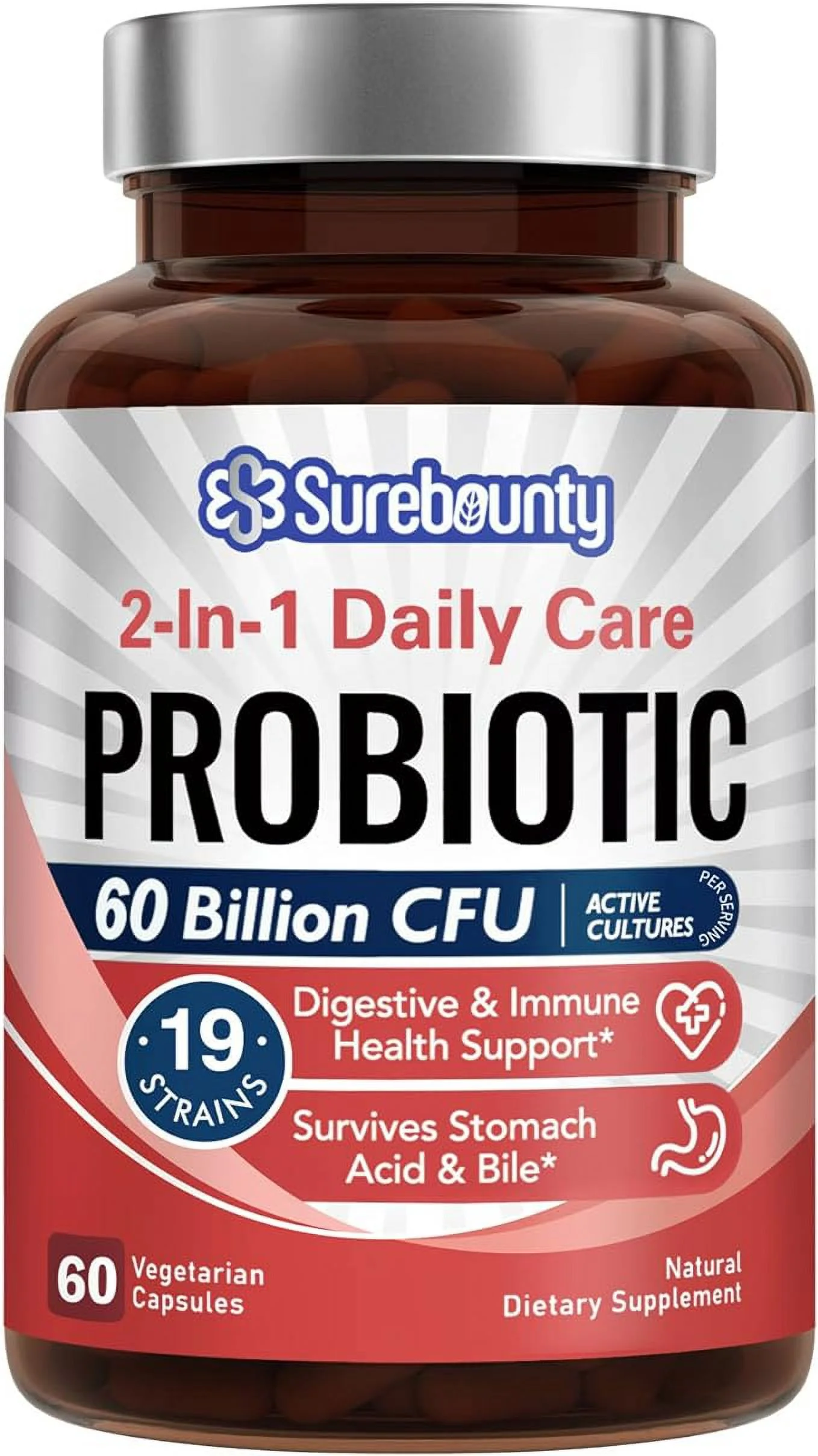 Surebounty Probiotics 60 Billion CFU 19 Strains for Men & Women, with 100mg Prebiotic, Shelf Stable, 2-in-1 Daily Care Probiotic, Non-GMO, Digestive & Immune Health, 60 Veggie Capsules