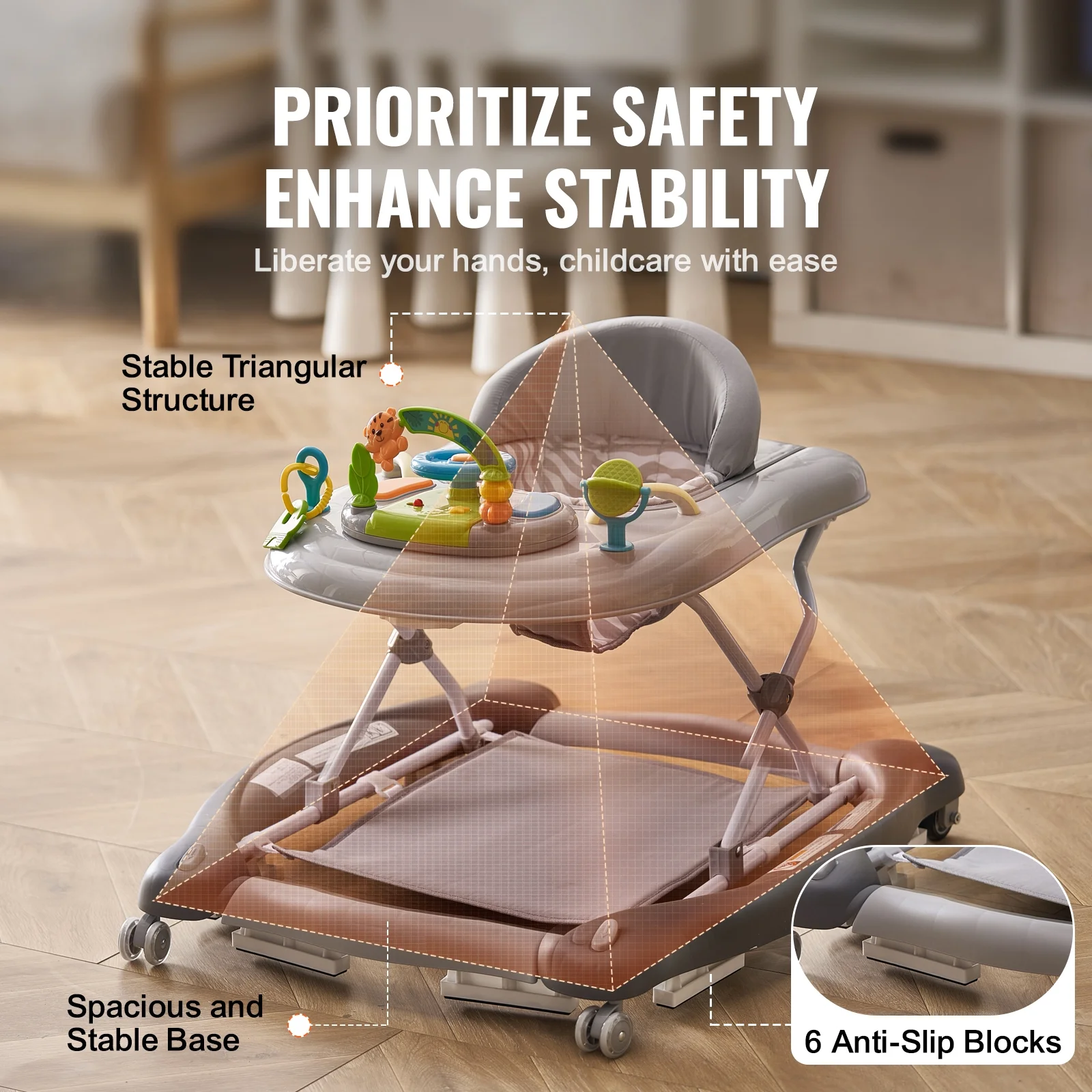 SKYSHALO Baby Walker 4 in 1, Foldable Height Adjustable Baby Walker with Wheels, Infant Toddler Walker with Foot Pads, Anti-Fall Baby Walker With Music & Toys Tray for Boys and Girls 6-24 Months