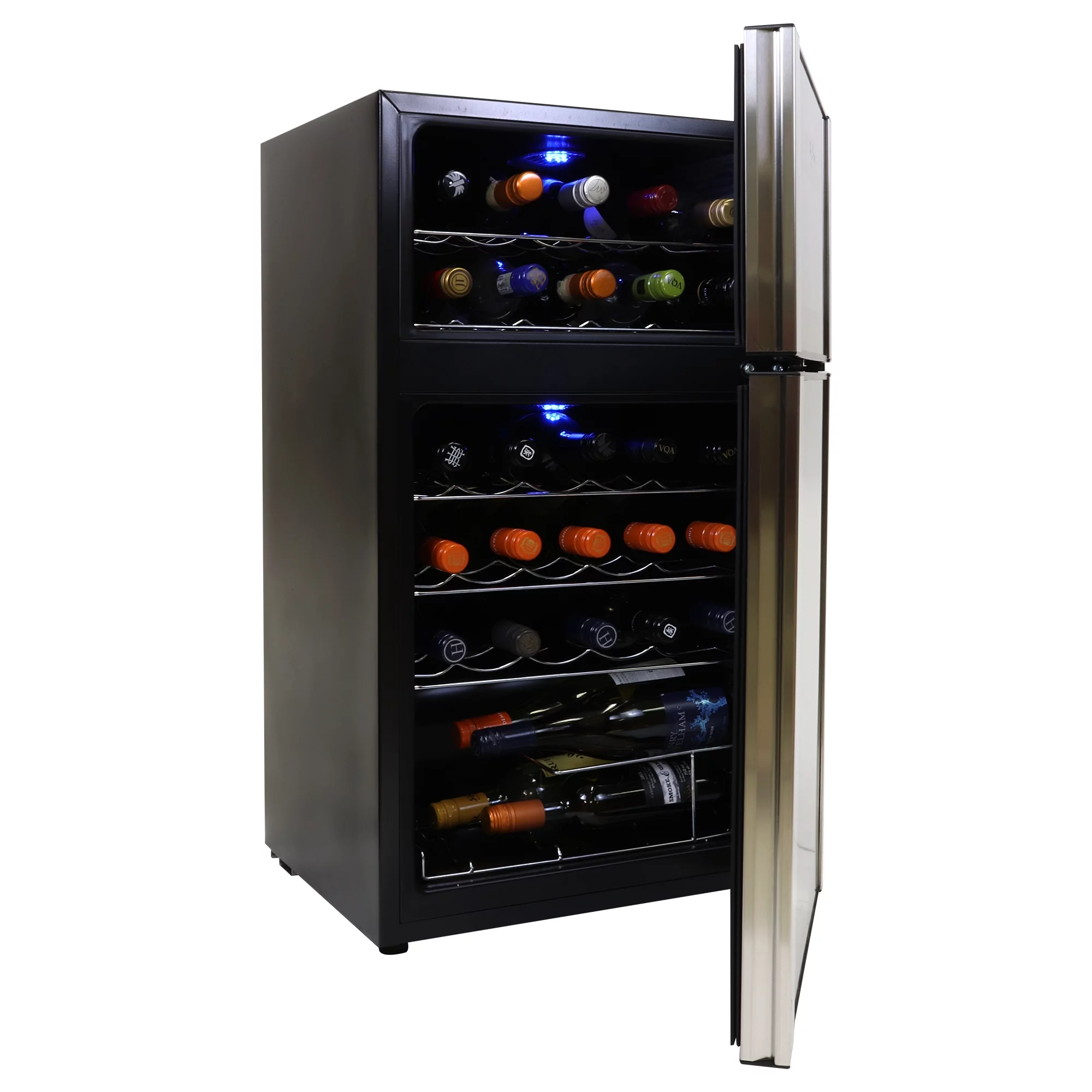 Koolatron 29 Bottle Dual Zone Wine Cooler Freestanding Wine Refrigerator, Black