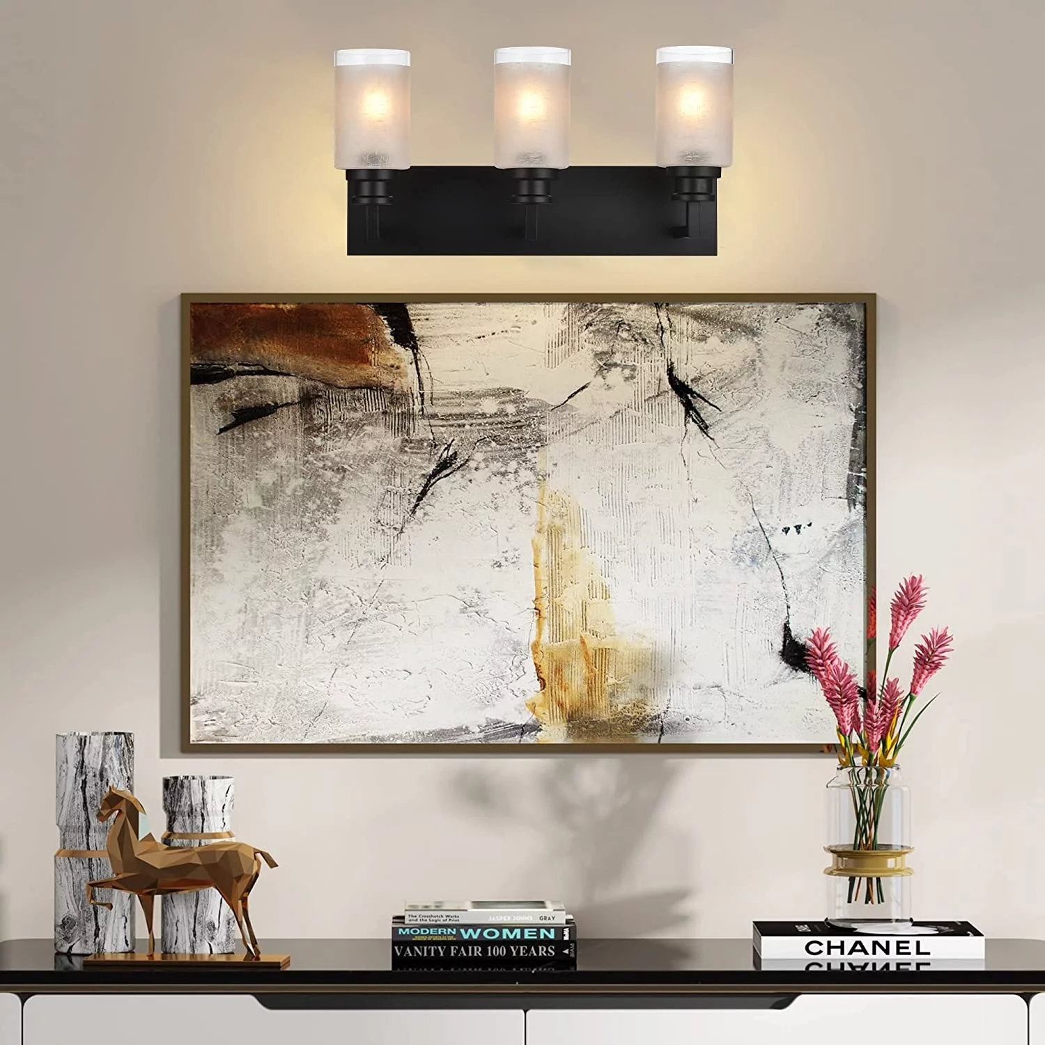 GOURE Matte Black Bathroom Vanity Light with White Linen Glass Shade, 3 Lights Farmhouse Vanity Lighting Fixtures Indoor Wall Sconce Lighting for Bath Bedroom Hallway