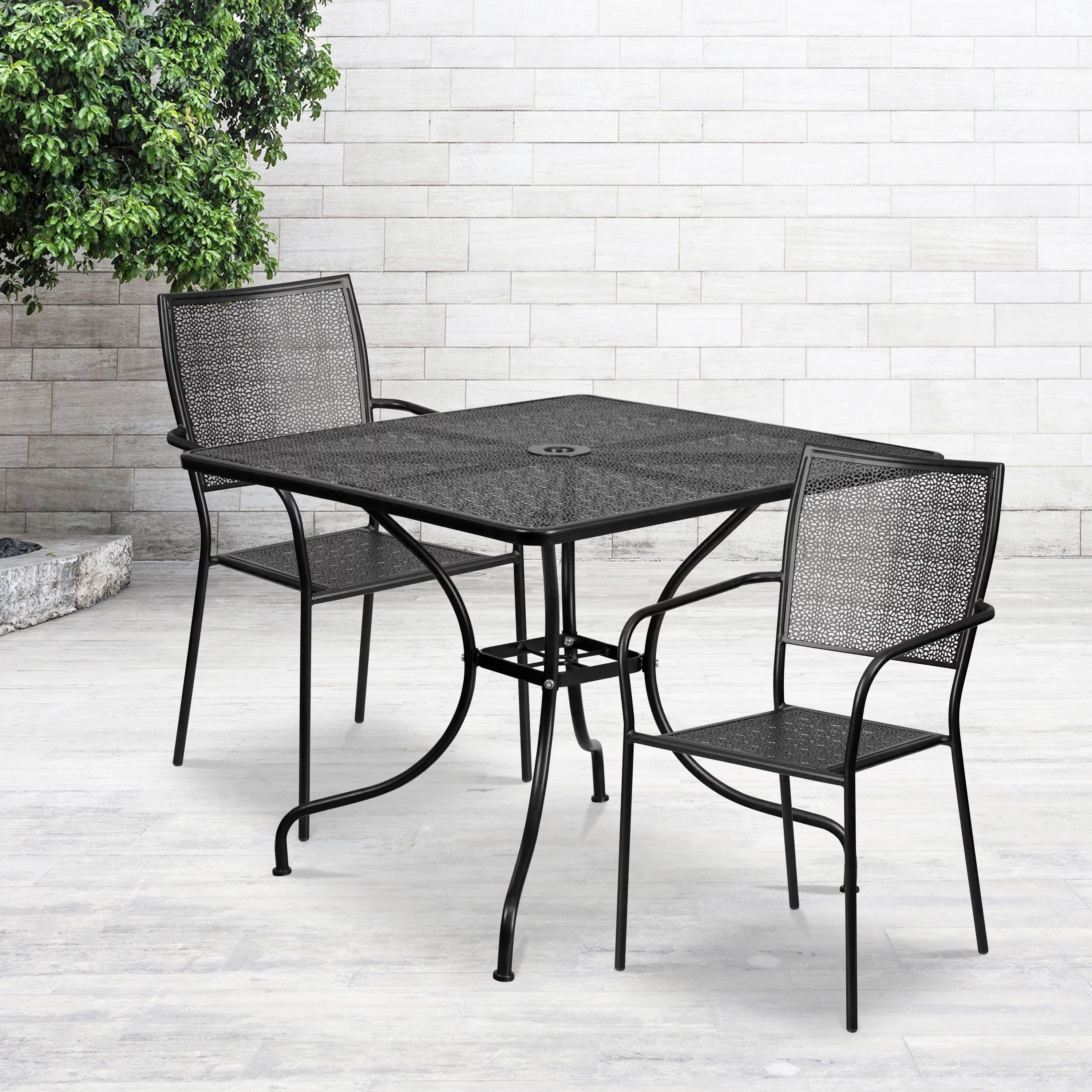 Flash Furniture 35.5-inch Square Steel 3-piece Patio Table Set with Square Back Chairs Light Gray
